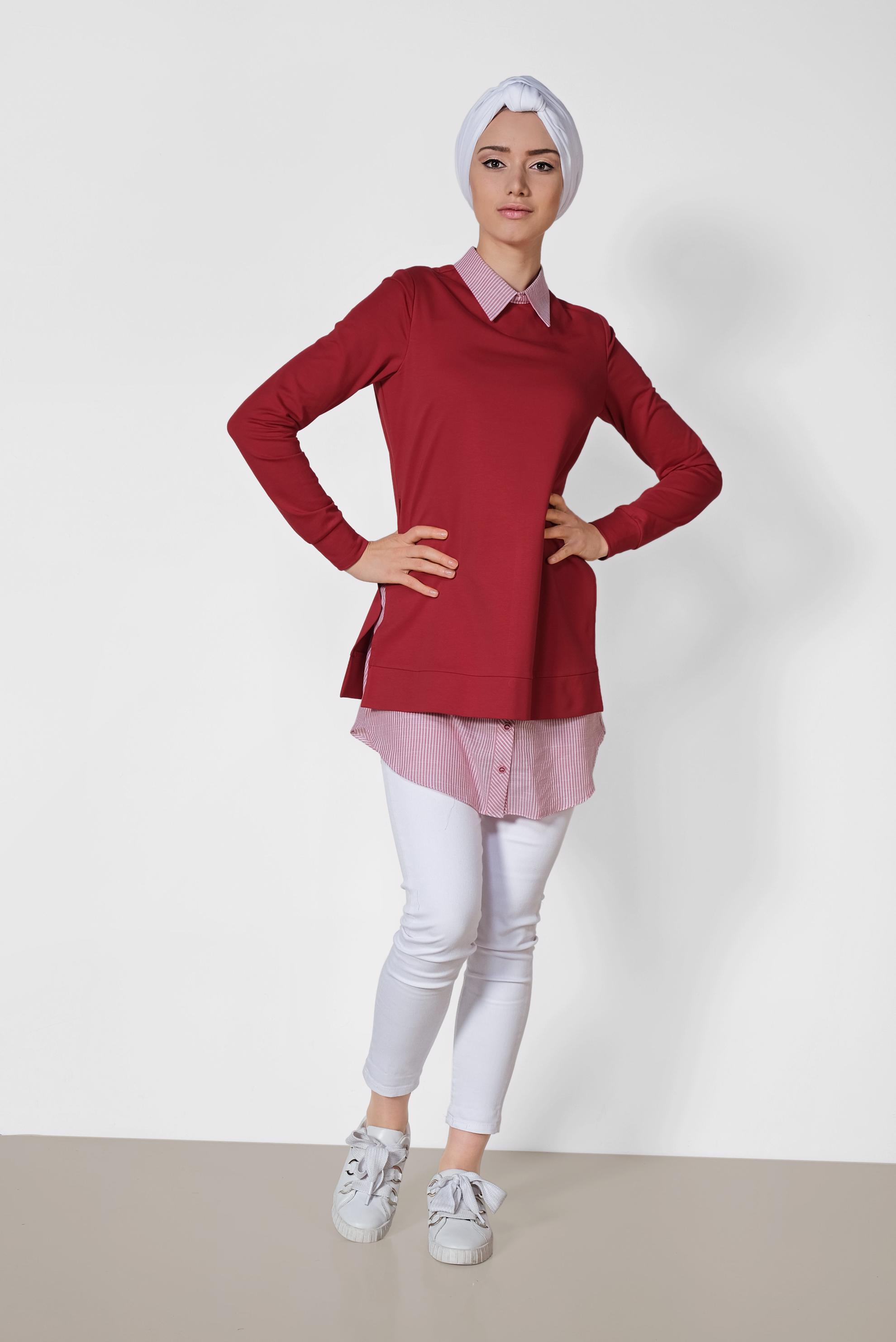 Tesettür giyim BORDO GÖMLEK DETAYLI TUNİK 4194