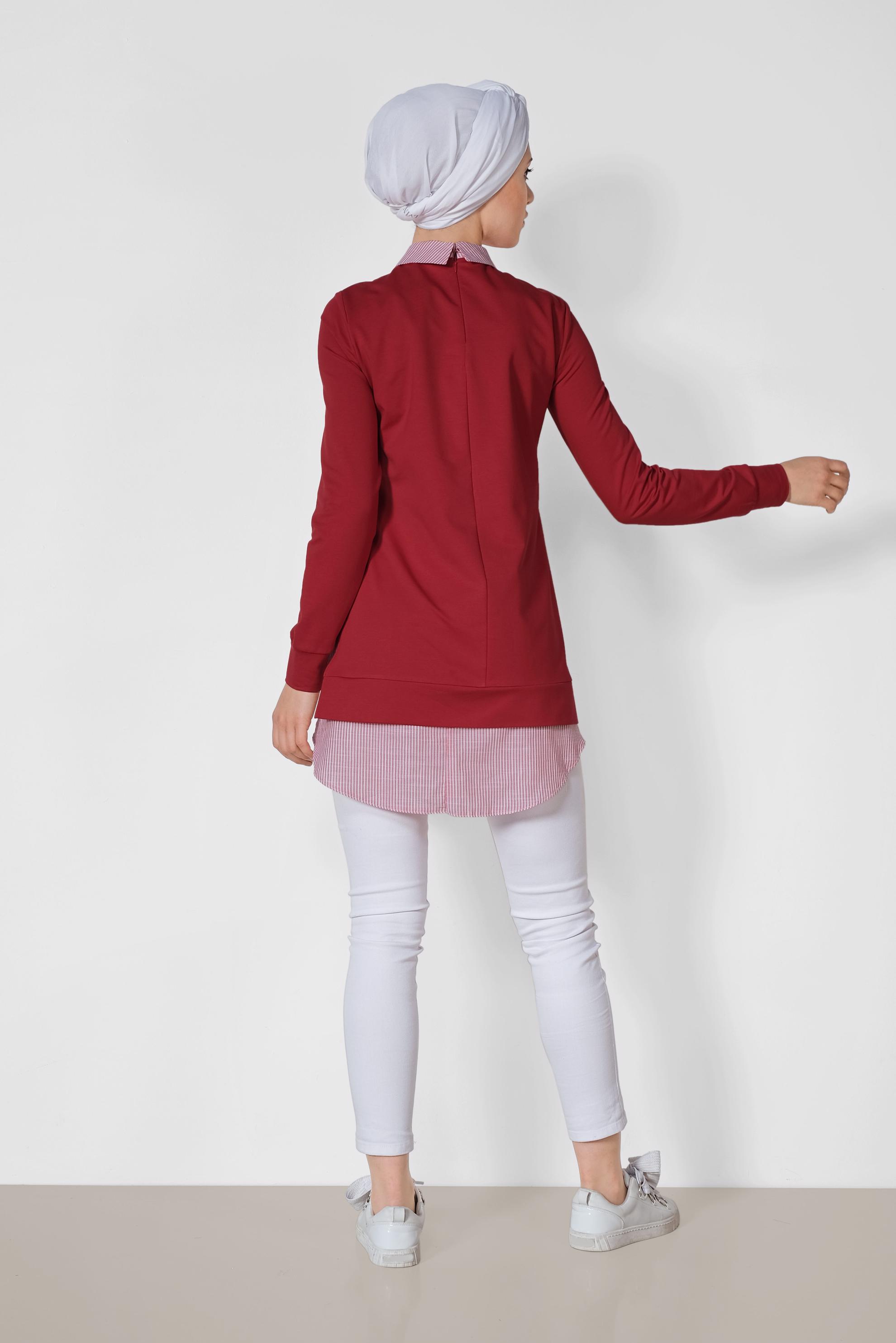 Tesettür giyim BORDO GÖMLEK DETAYLI TUNİK 4194