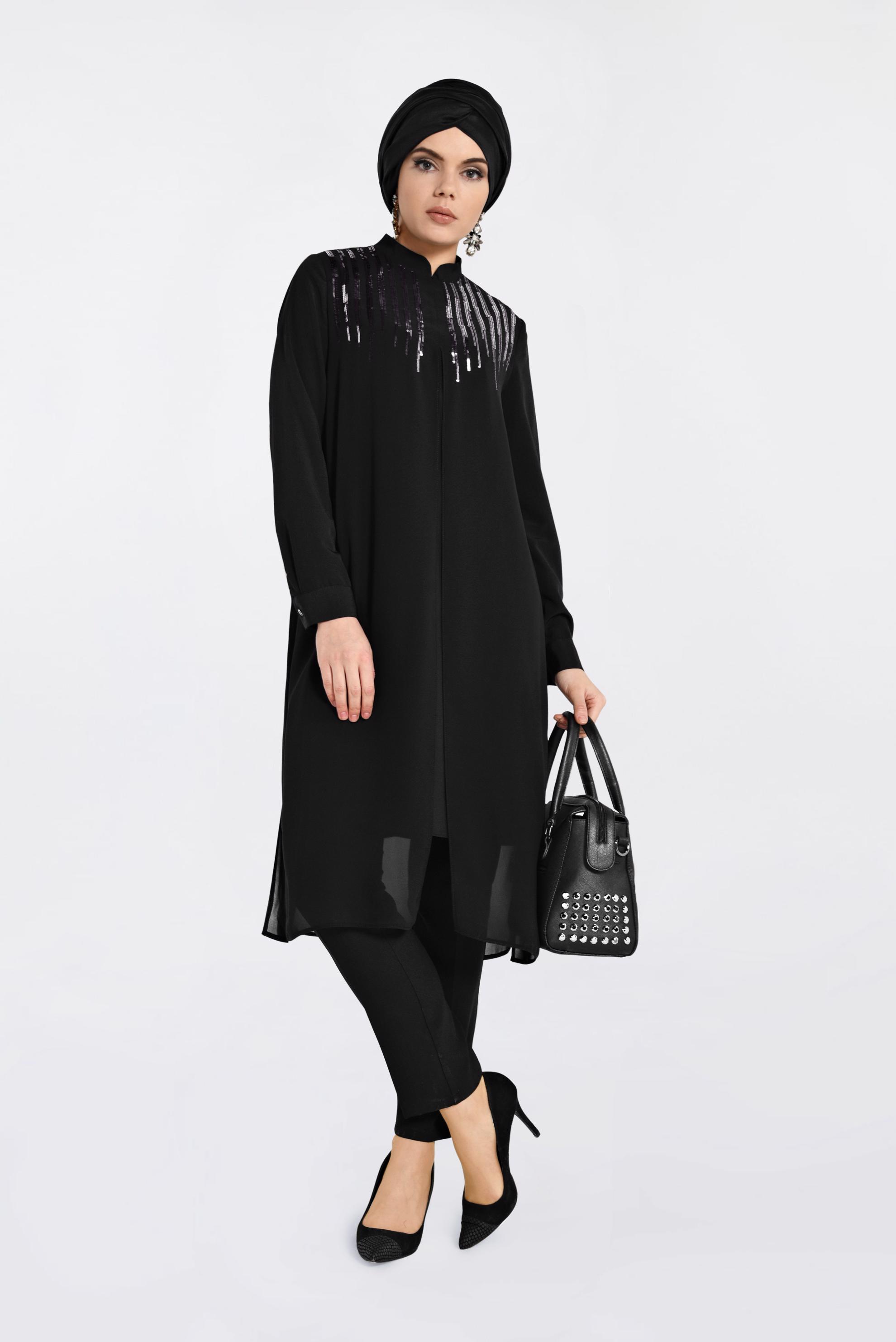 Tesettür giyim SİYAH HAKİM YAKA PULLU TUNİK 4200