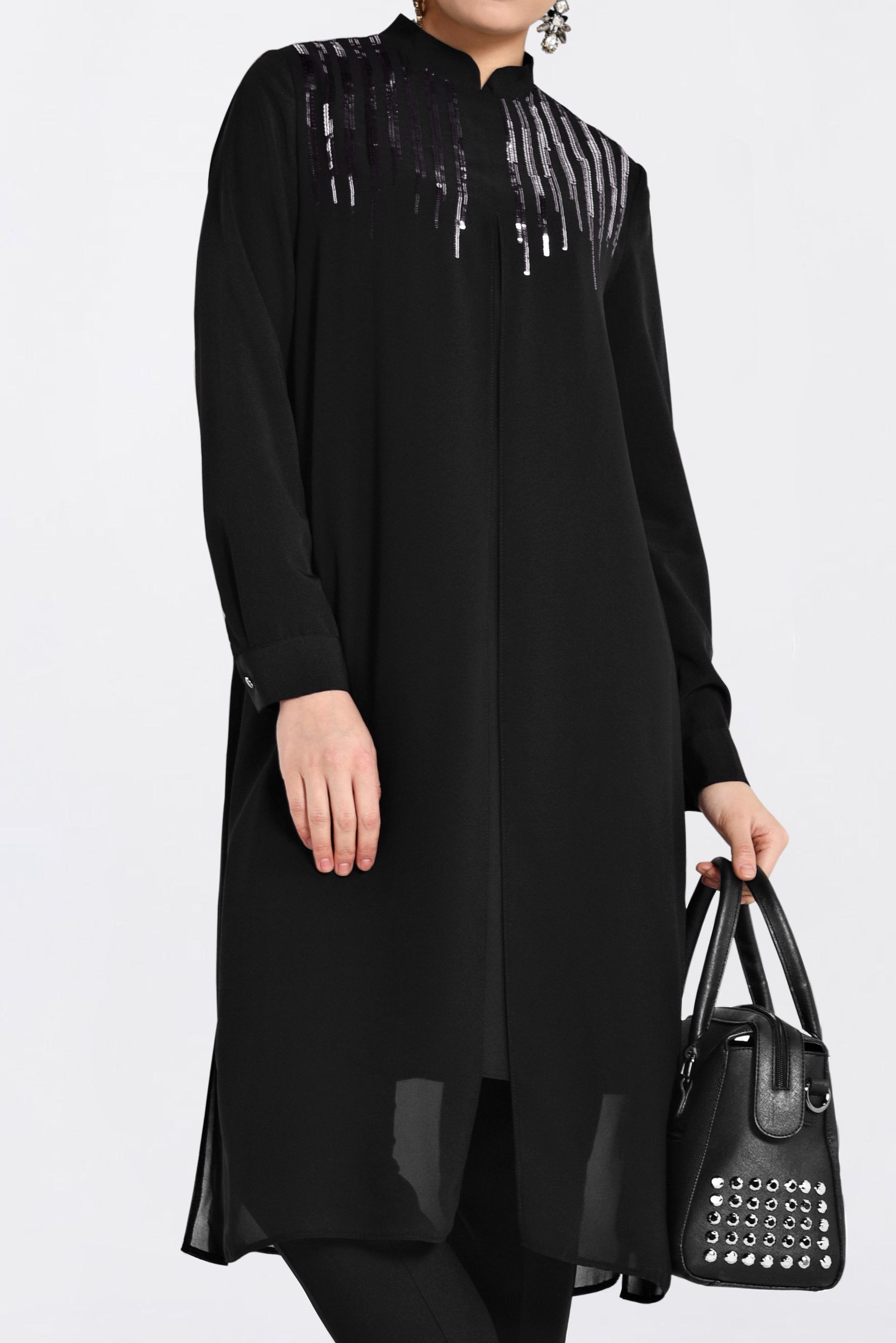 Tesettür giyim SİYAH HAKİM YAKA PULLU TUNİK 4200