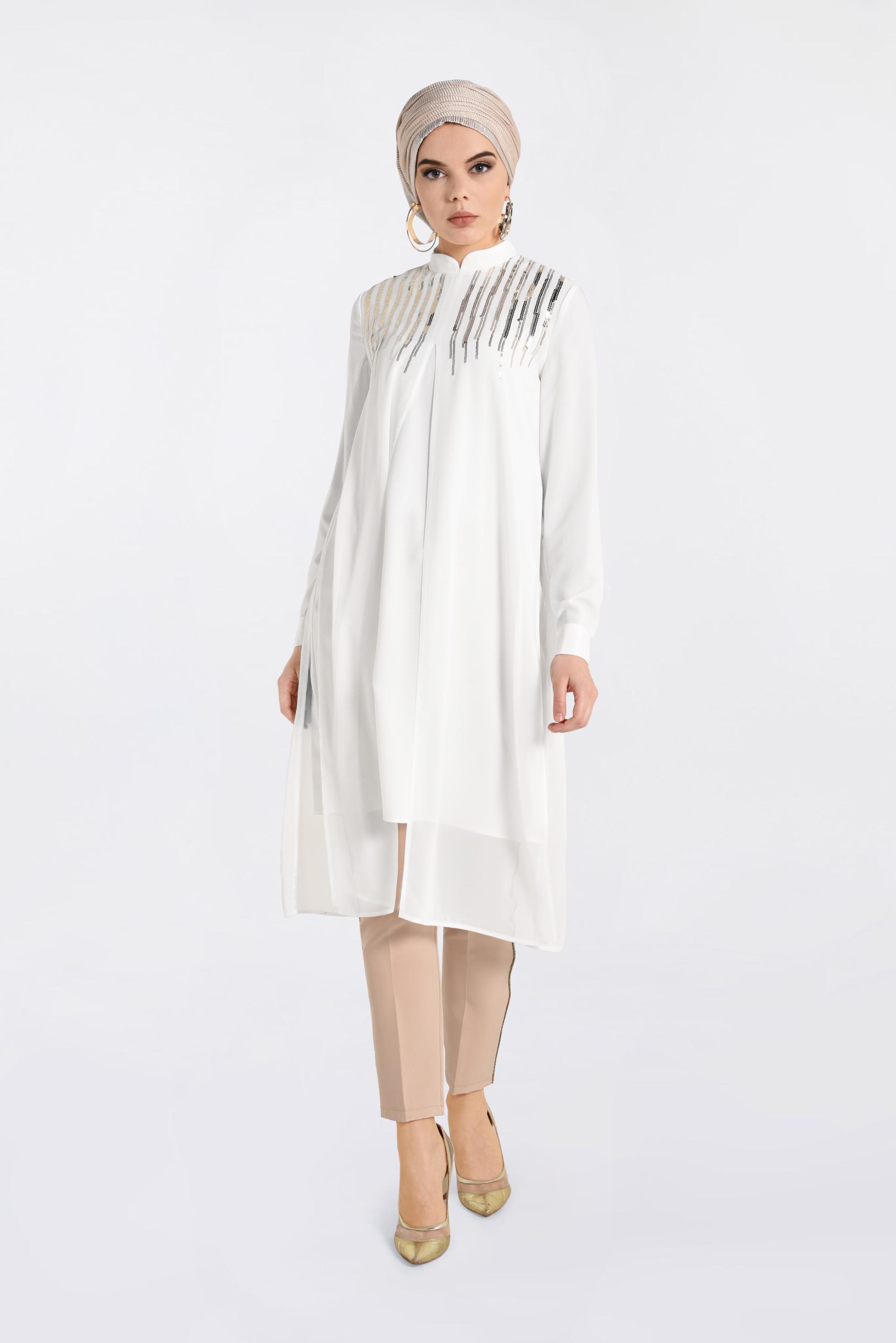 Tesettür giyim BEYAZ HAKİM YAKA PULLU TUNİK 4200