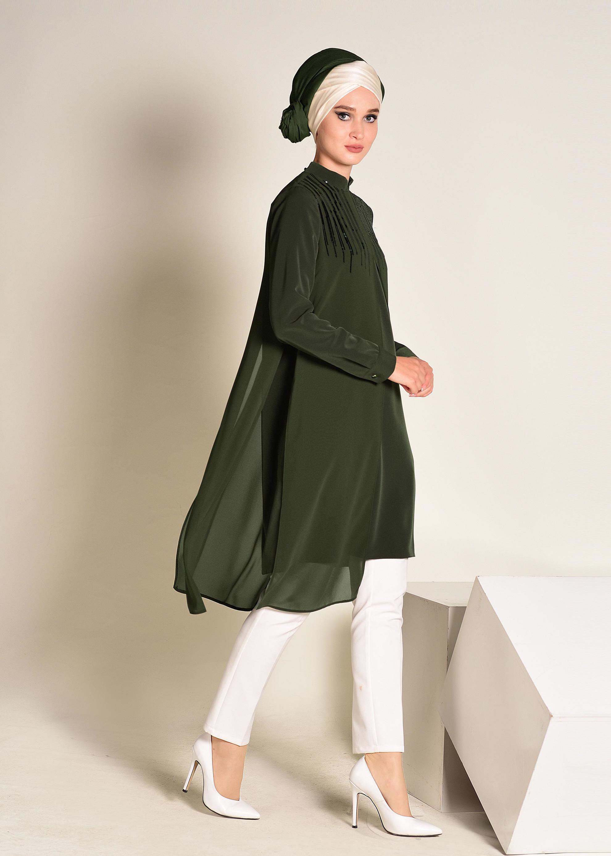 Tesettür giyim HAKİ HAKİM YAKA PULLU TUNİK 4200