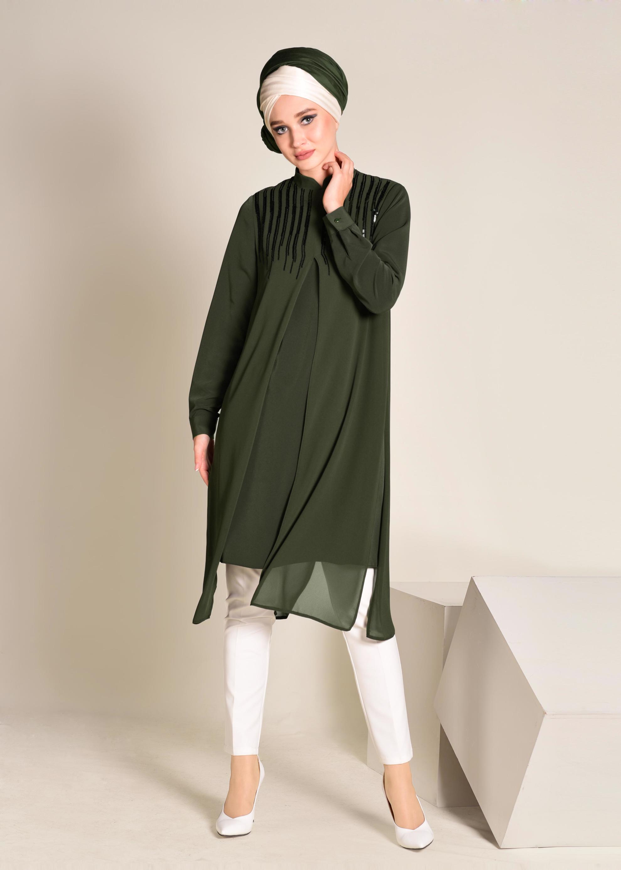 Tesettür giyim HAKİ HAKİM YAKA PULLU TUNİK 4200