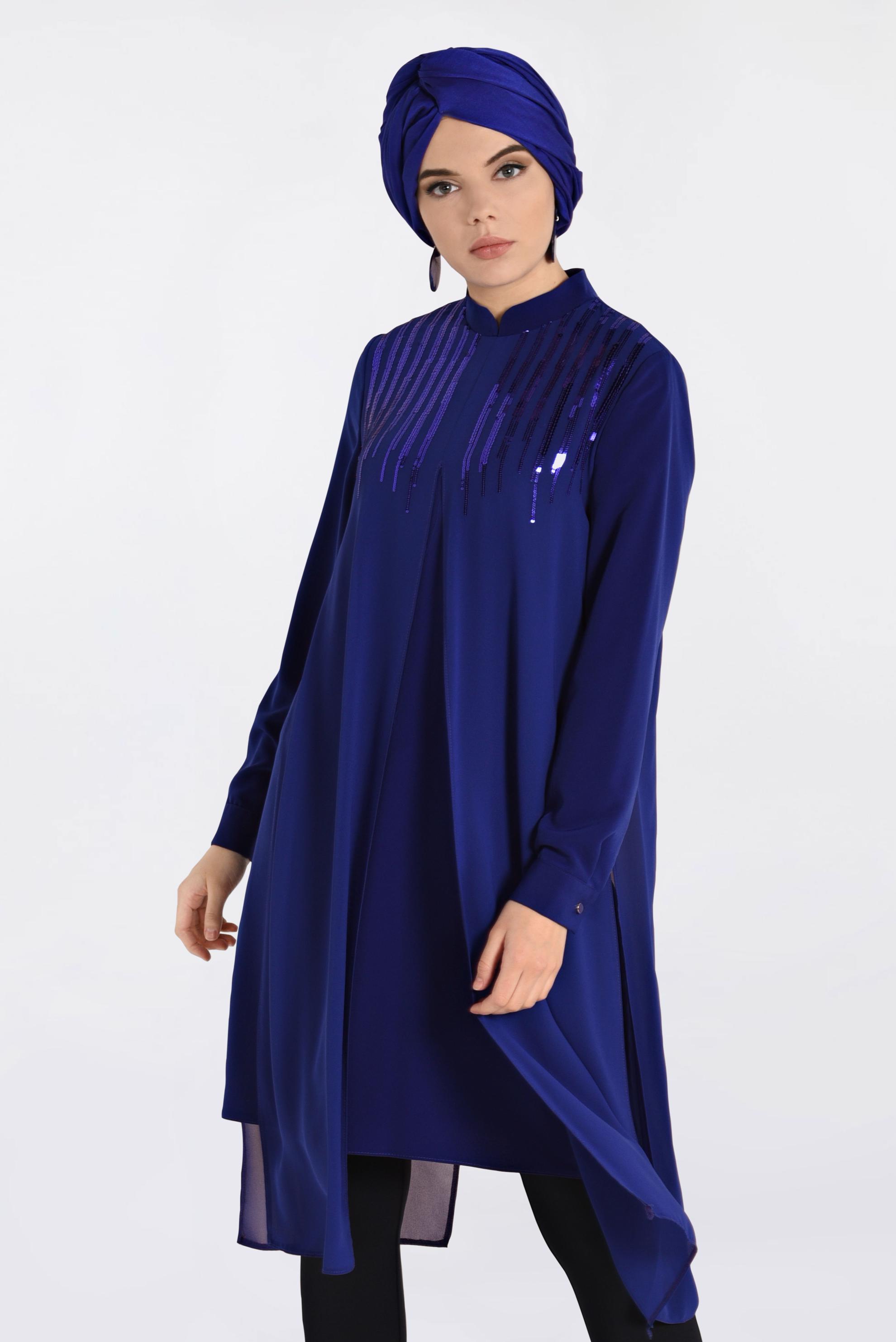 Tesettür giyim MAVİ HAKİM YAKA PULLU TUNİK 4200