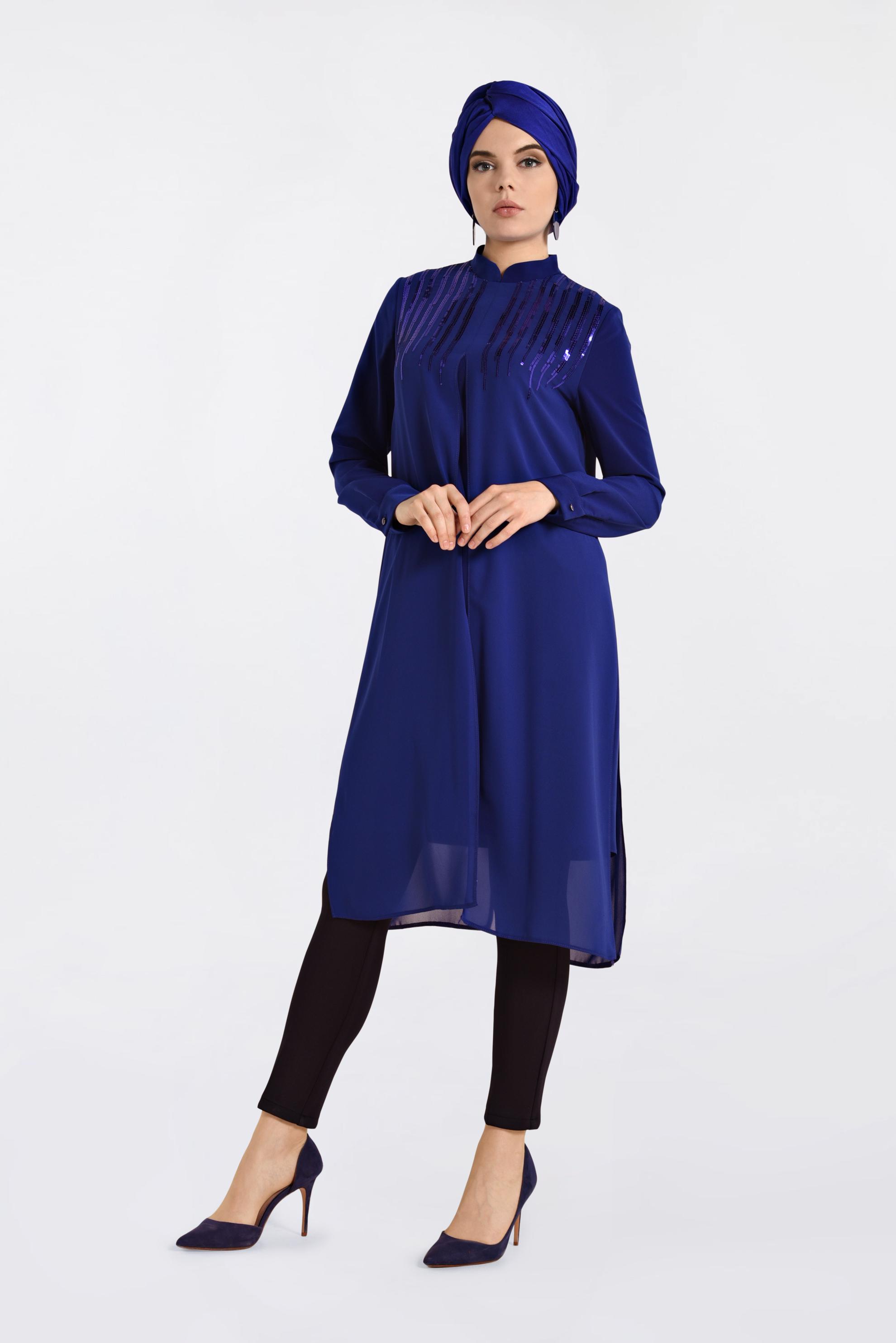 Tesettür giyim MAVİ HAKİM YAKA PULLU TUNİK 4200