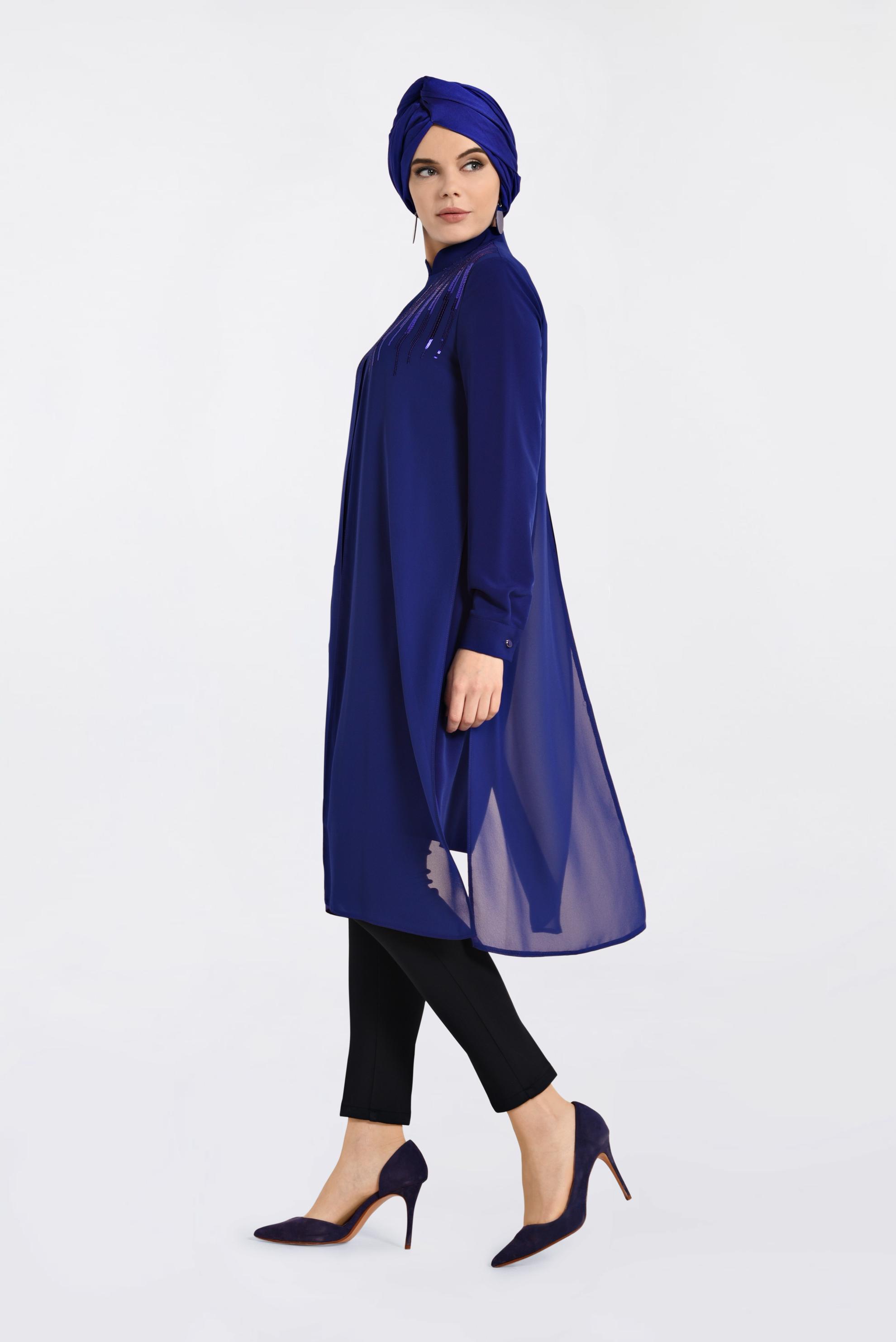 Tesettür giyim MAVİ HAKİM YAKA PULLU TUNİK 4200