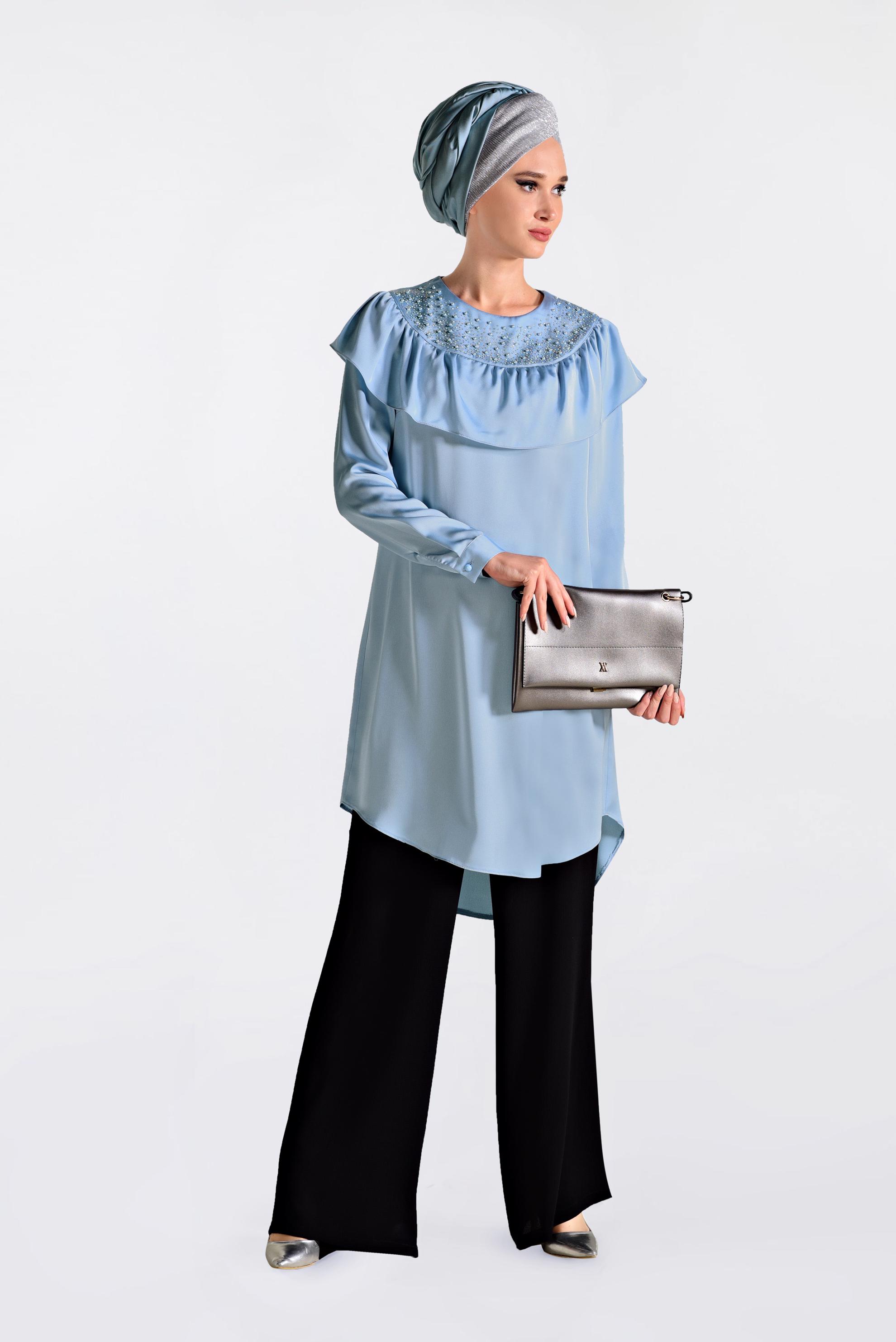 Tesettür giyim MAVİ YAKASI BONCUKLU TUNİK 4201