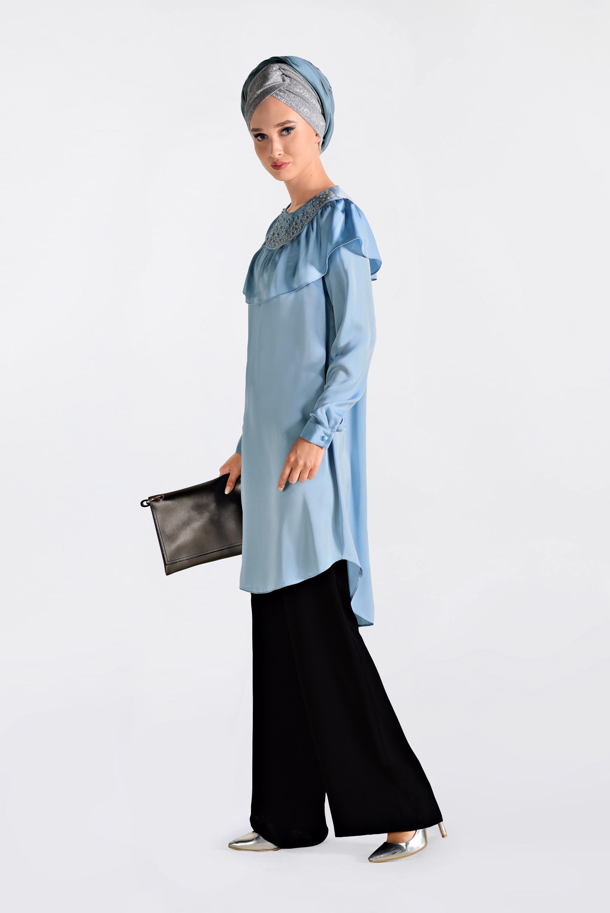 Tesettür giyim MAVİ YAKASI BONCUKLU TUNİK 4201