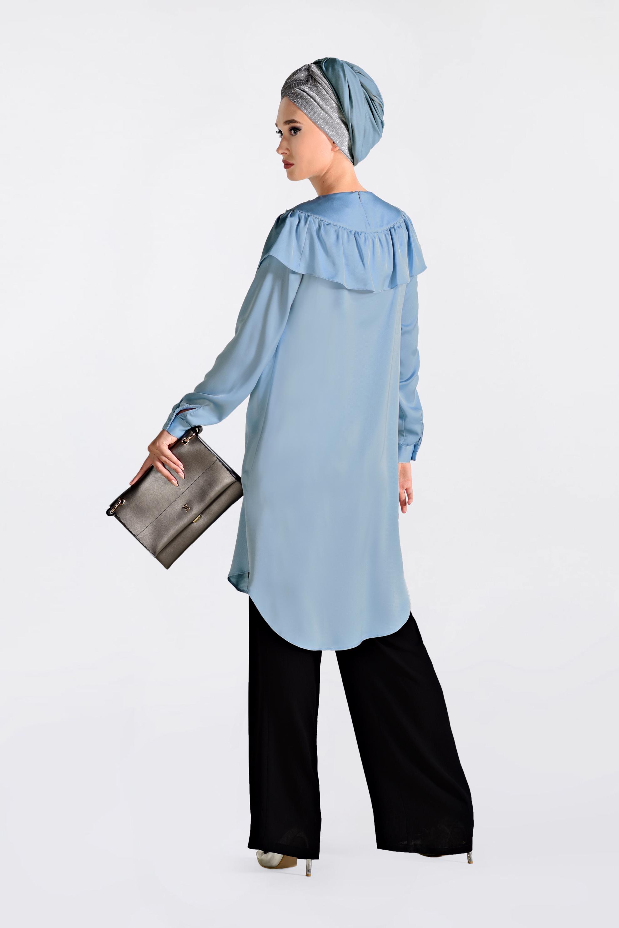 Tesettür giyim MAVİ YAKASI BONCUKLU TUNİK 4201