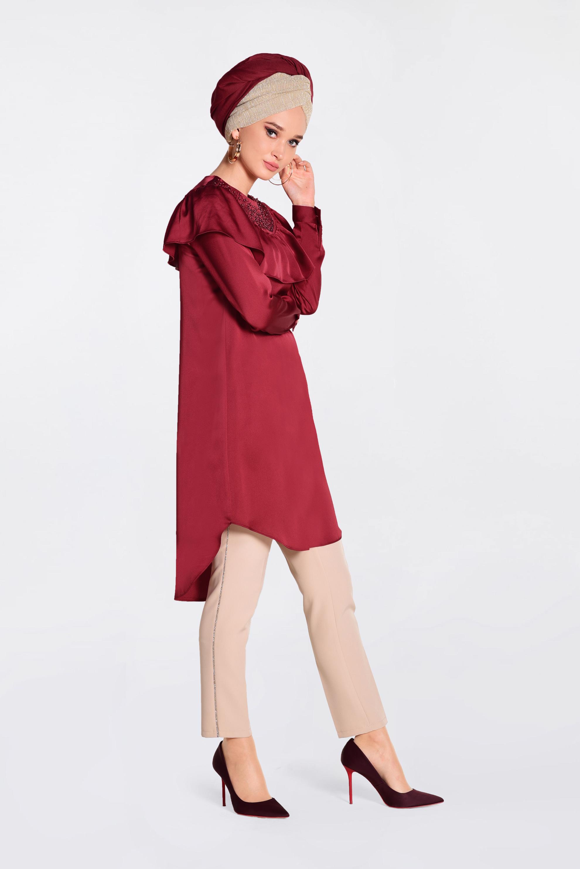 Tesettür giyim BORDO YAKASI BONCUKLU TUNİK 4201