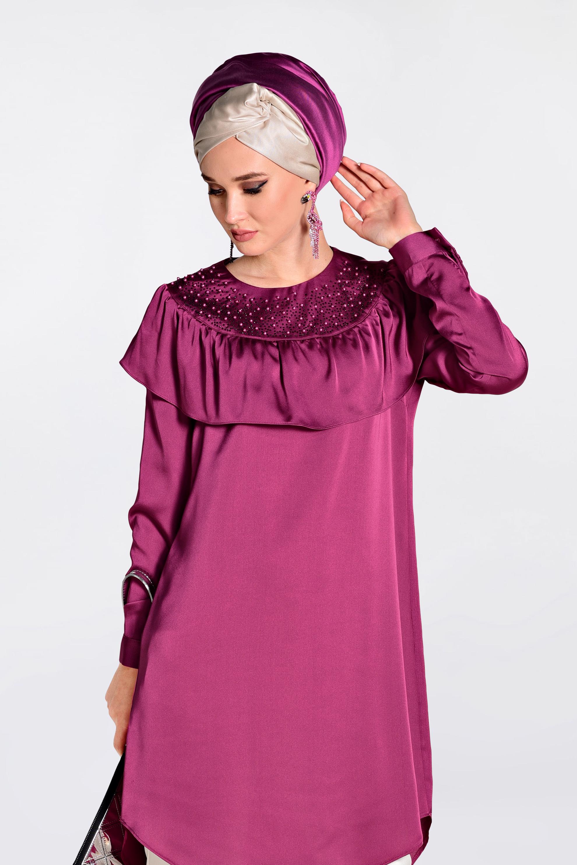 Tesettür giyim FUŞYA YAKASI BONCUKLU TUNİK 4201