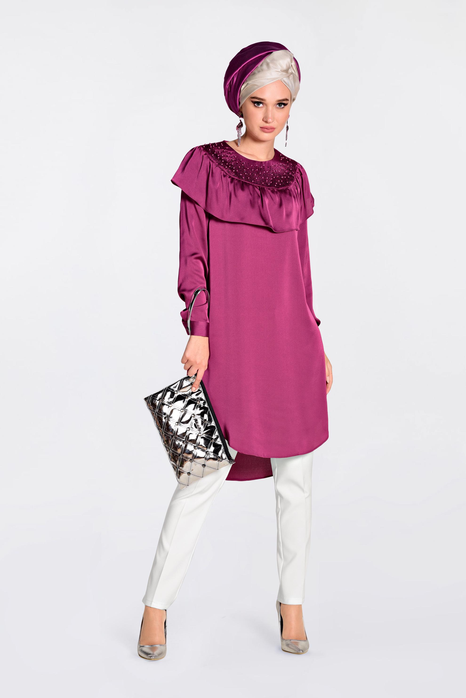 Tesettür giyim FUŞYA YAKASI BONCUKLU TUNİK 4201
