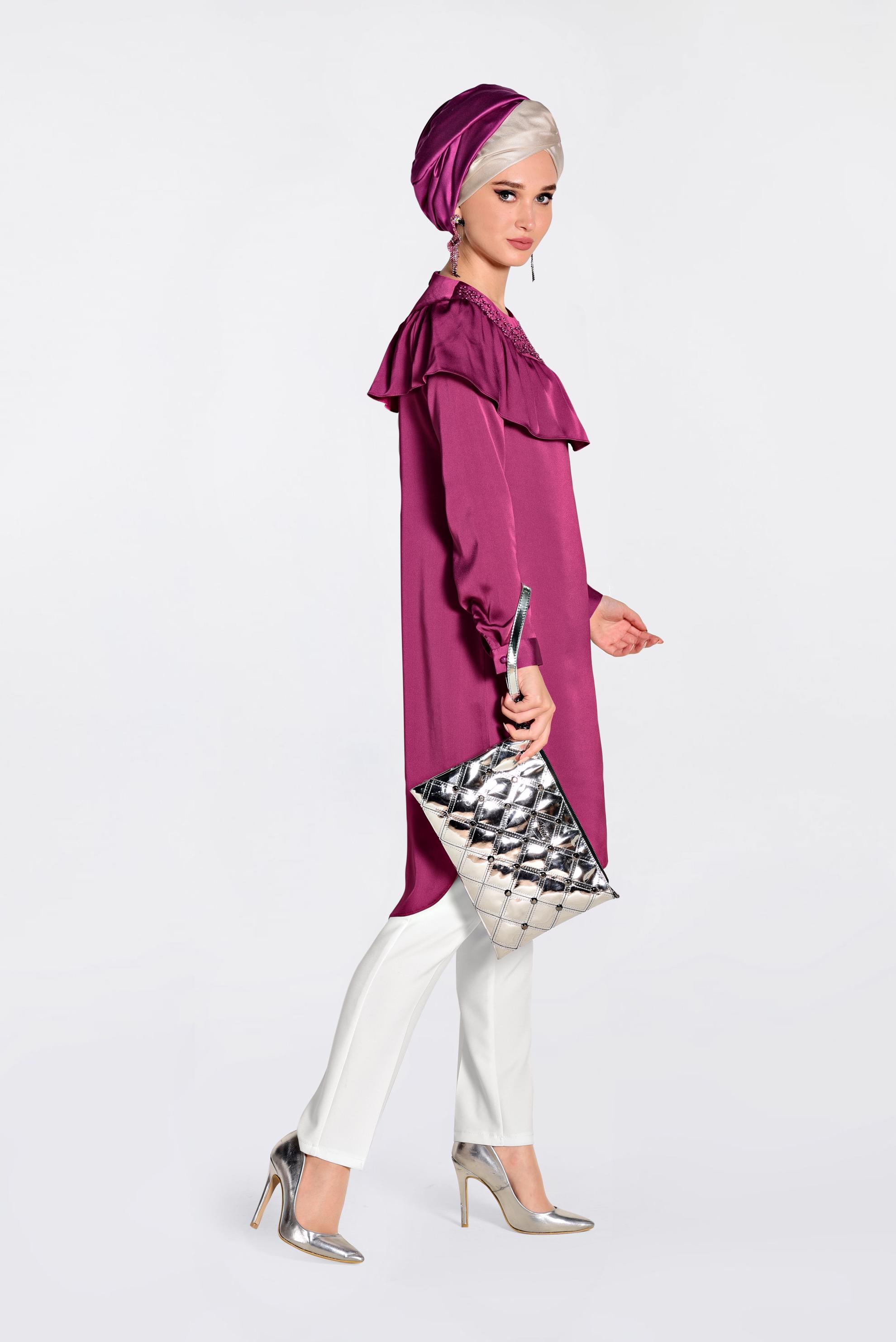 Tesettür giyim FUŞYA YAKASI BONCUKLU TUNİK 4201