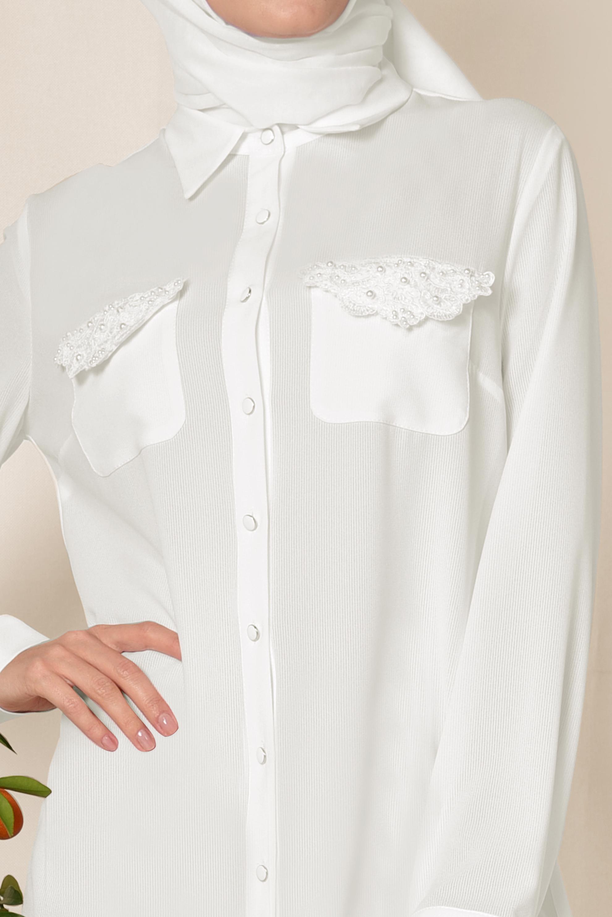 Tesettür giyim BEYAZ CEBİ NAKIŞLI VE BONCUKLU TUNİK 4215