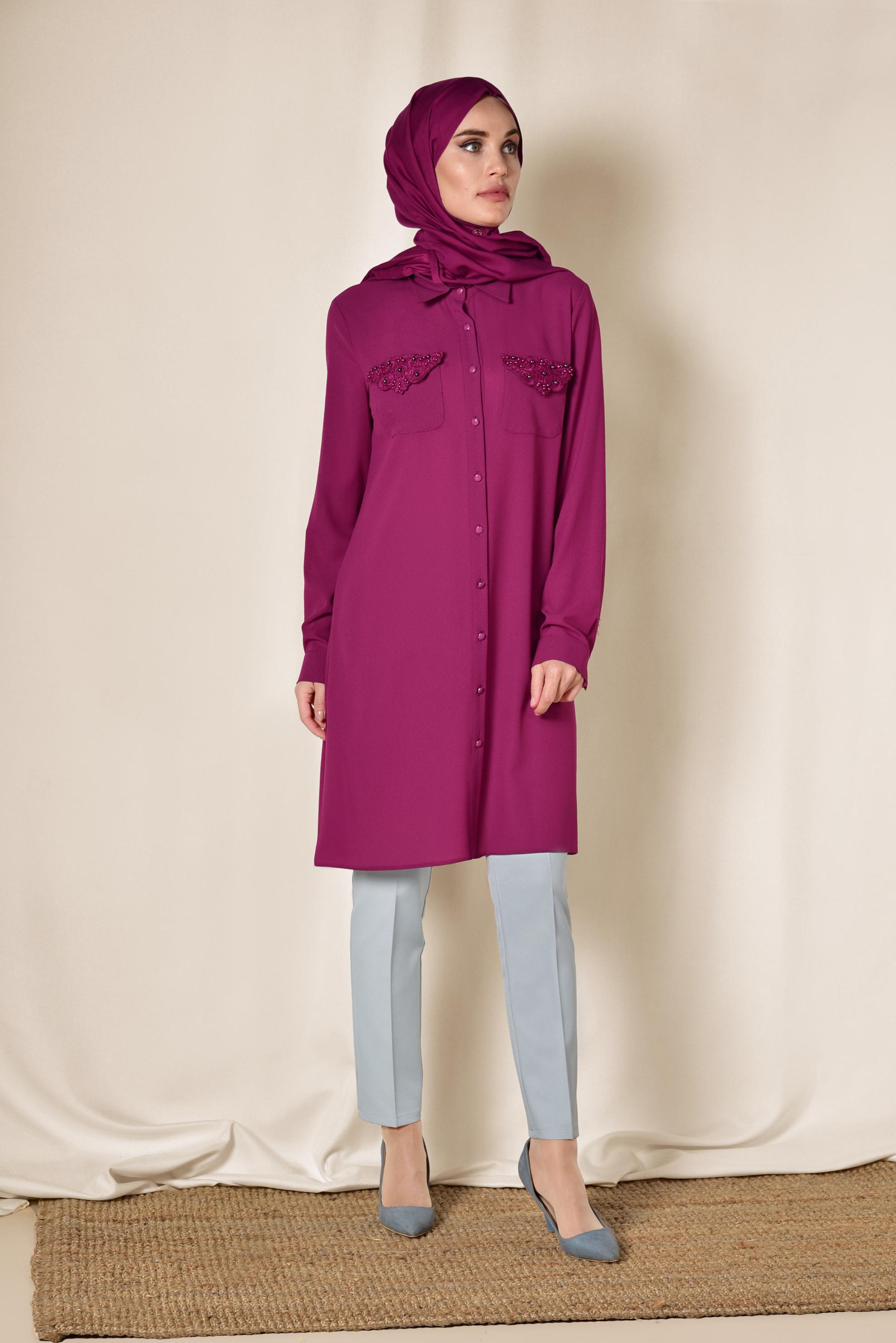 Tesettür giyim MOR CEBİ NAKIŞLI VE BONCUKLU TUNİK 4215