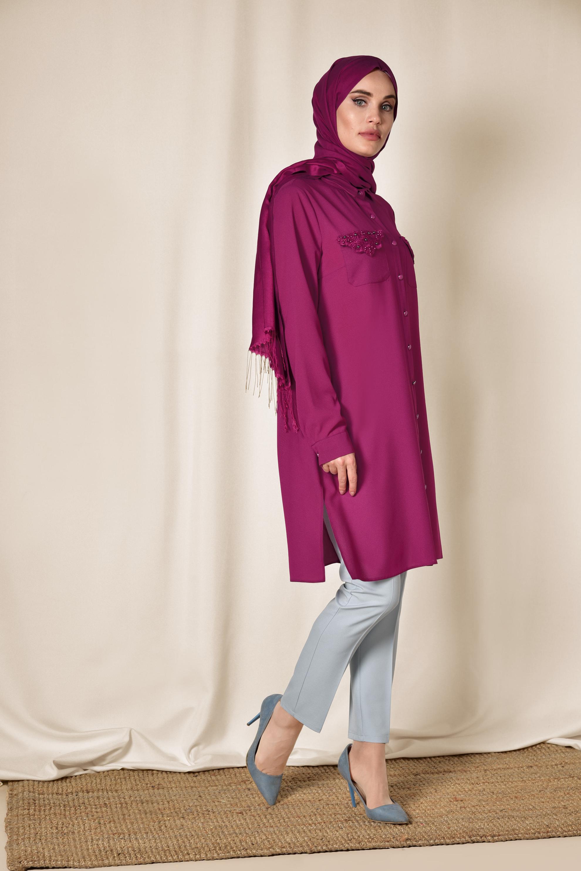 Tesettür giyim MOR CEBİ NAKIŞLI VE BONCUKLU TUNİK 4215