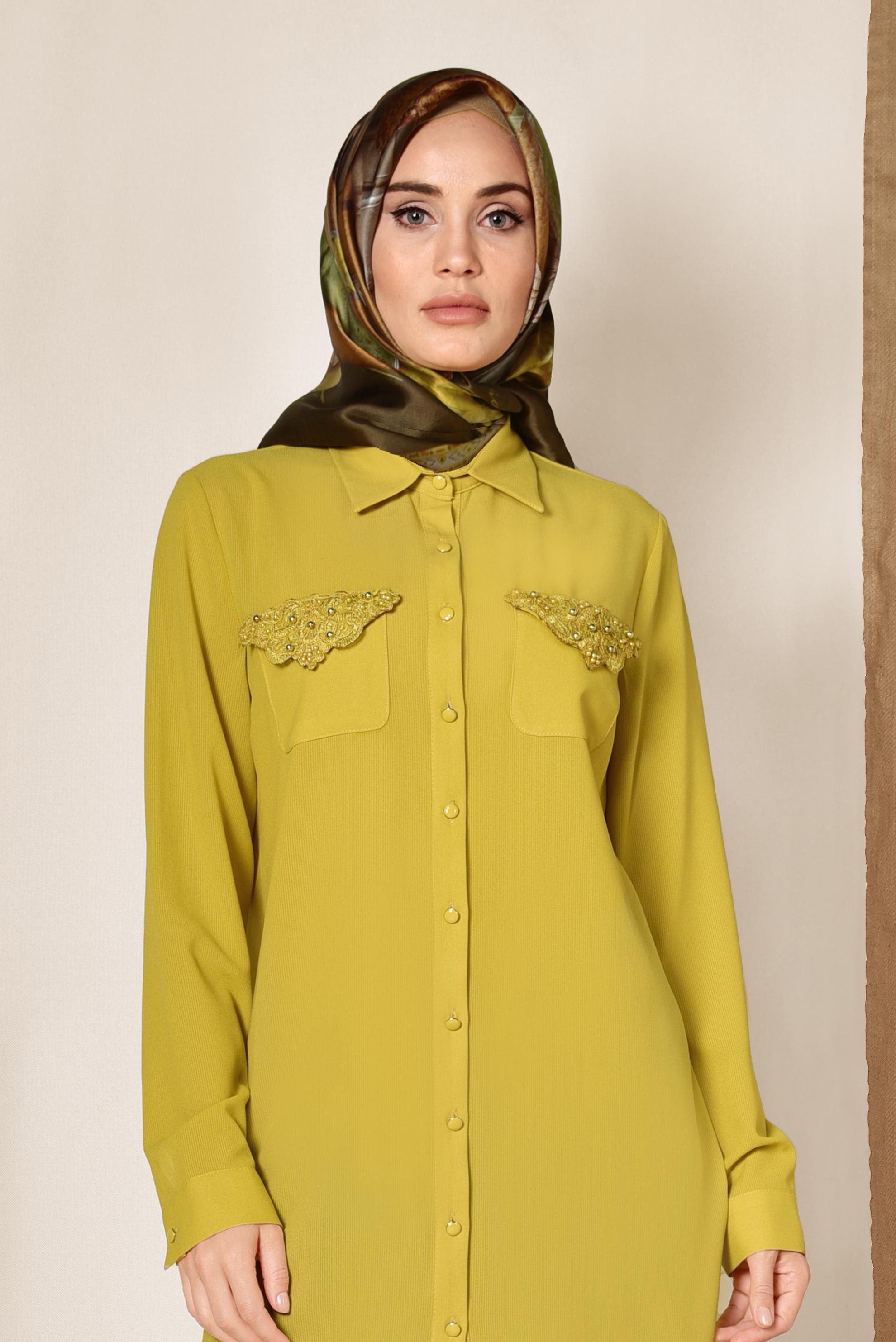 Tesettür giyim SARI CEBİ NAKIŞLI VE BONCUKLU TUNİK 4215
