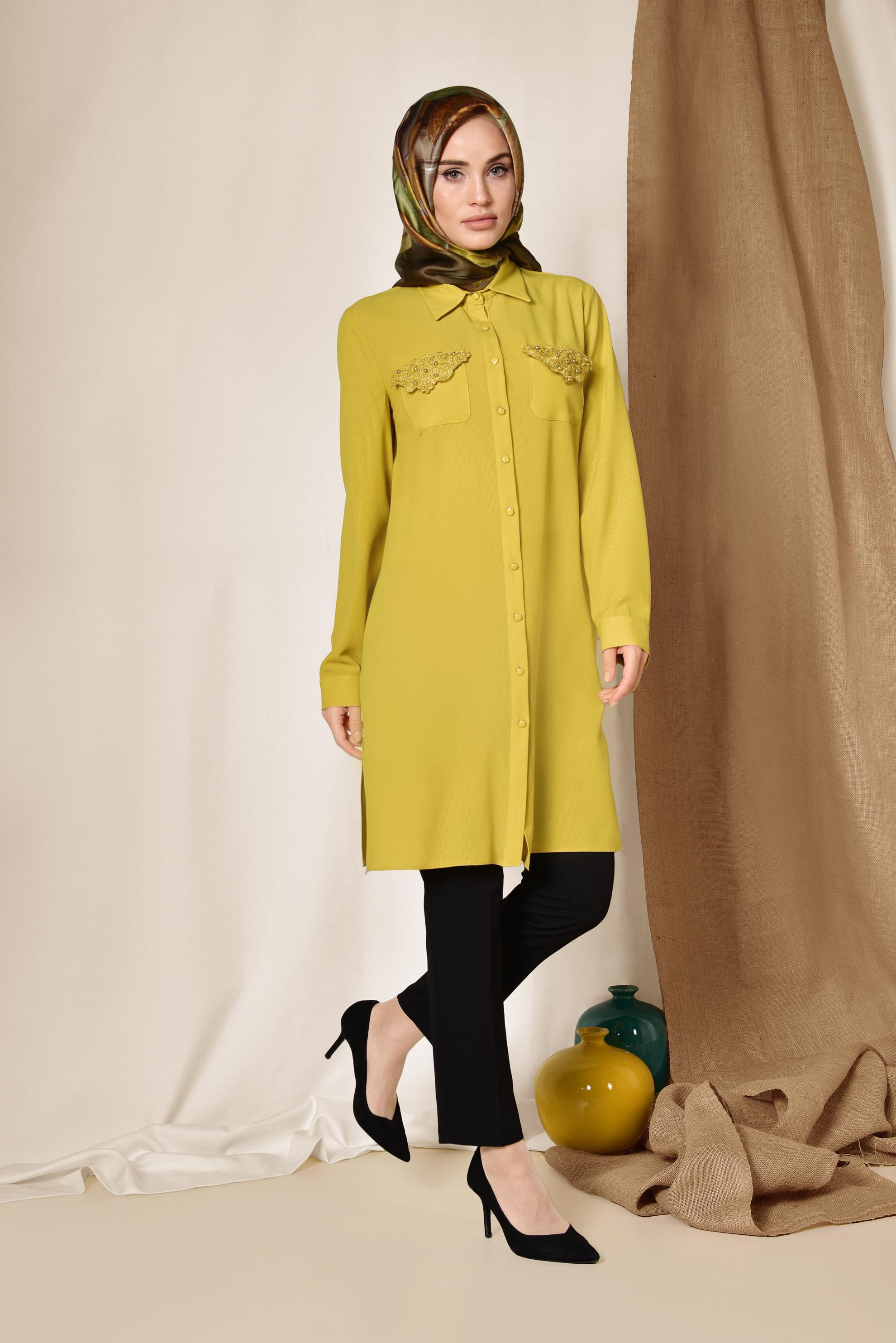 Tesettür giyim SARI CEBİ NAKIŞLI VE BONCUKLU TUNİK 4215