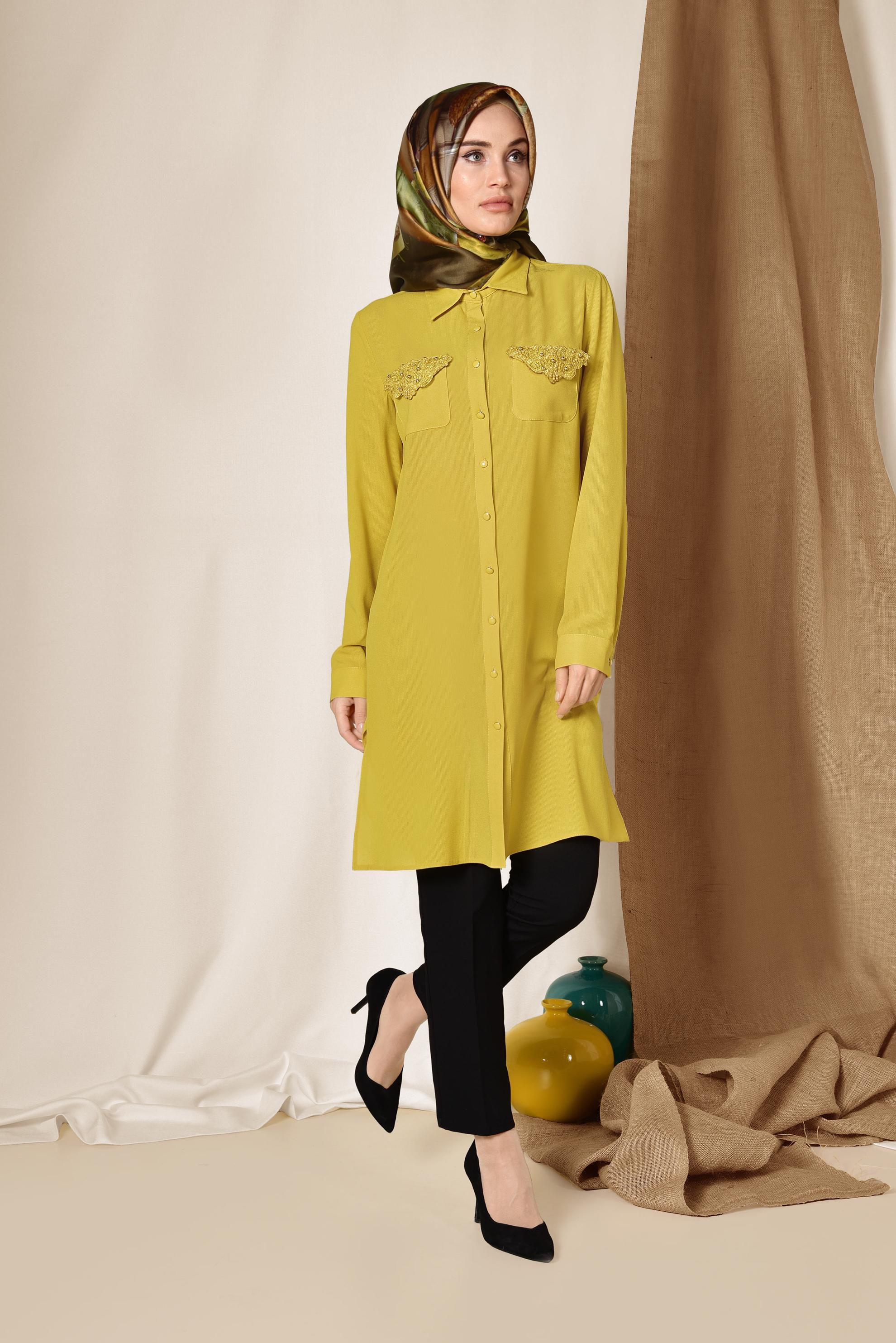 Tesettür giyim SARI CEBİ NAKIŞLI VE BONCUKLU TUNİK 4215