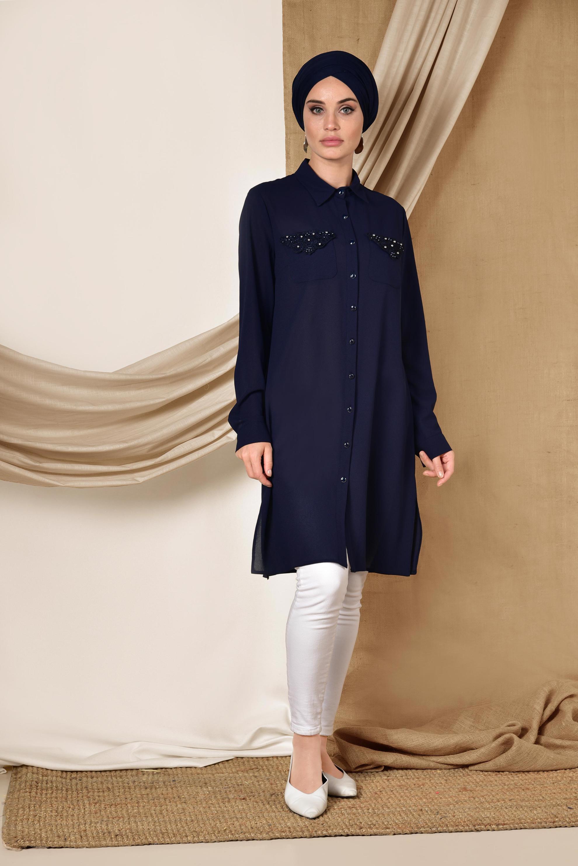 Tesettür giyim LACİVERT CEBİ NAKIŞLI VE BONCUKLU TUNİK 4215
