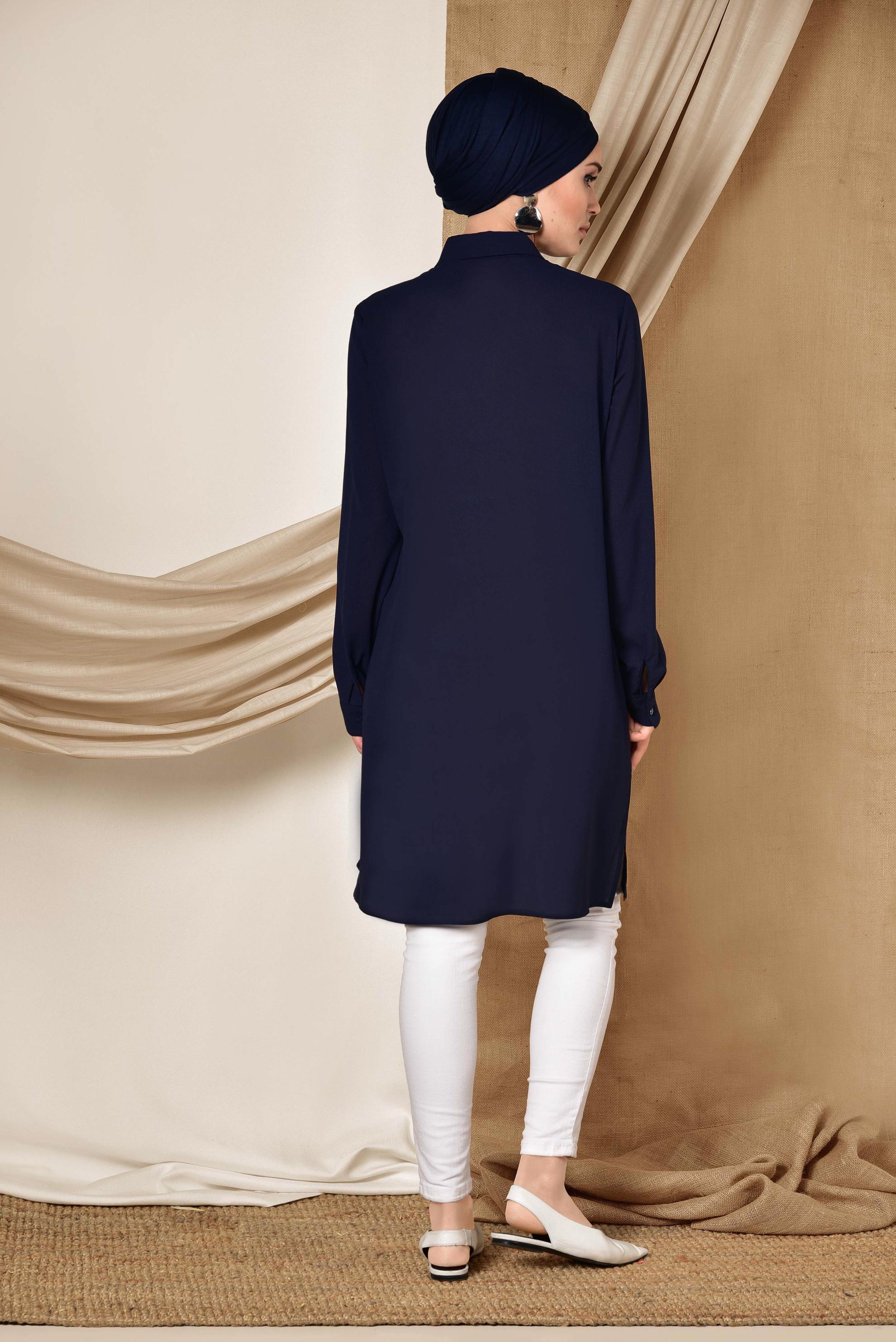 Tesettür giyim LACİVERT CEBİ NAKIŞLI VE BONCUKLU TUNİK 4215