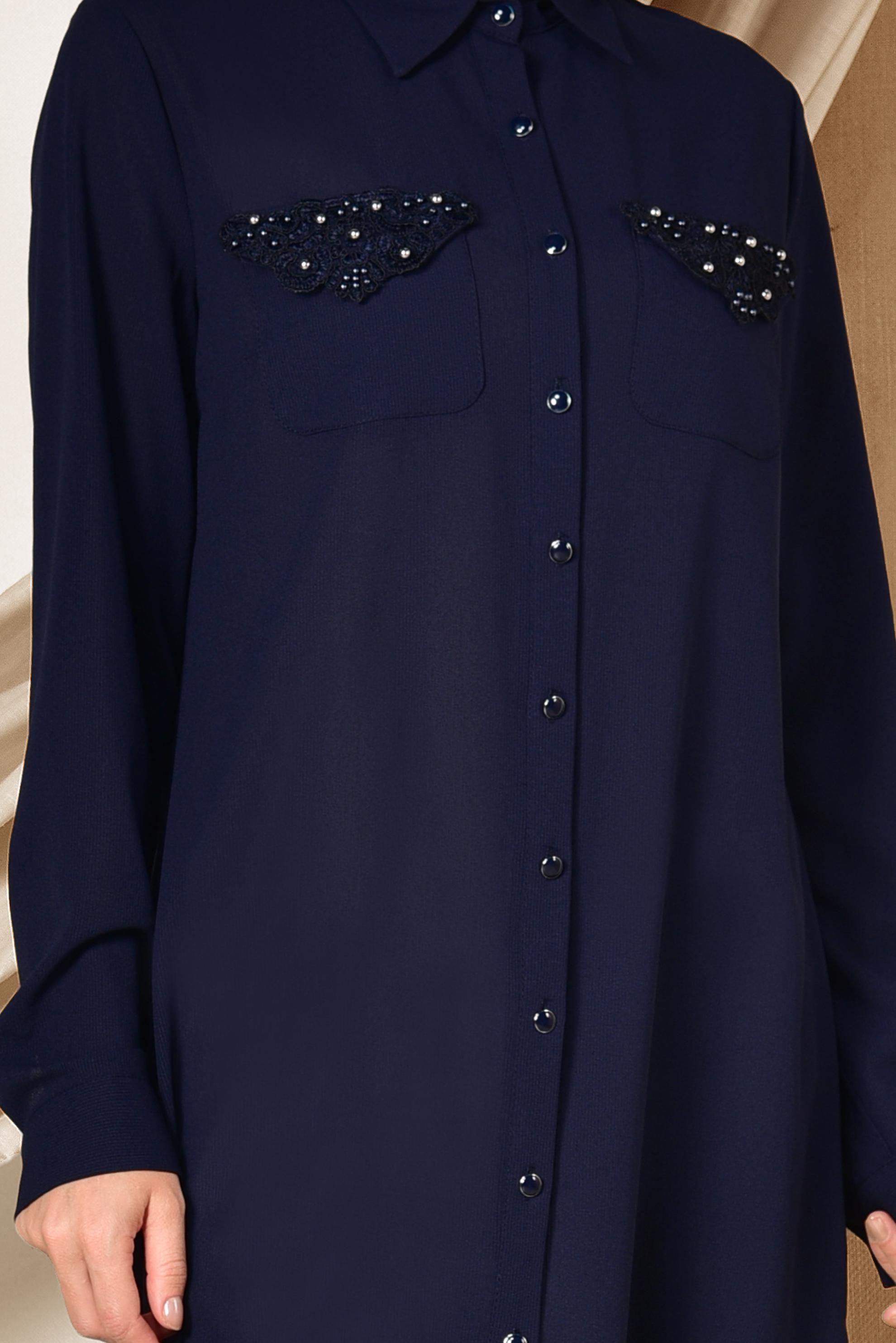 Tesettür giyim LACİVERT CEBİ NAKIŞLI VE BONCUKLU TUNİK 4215