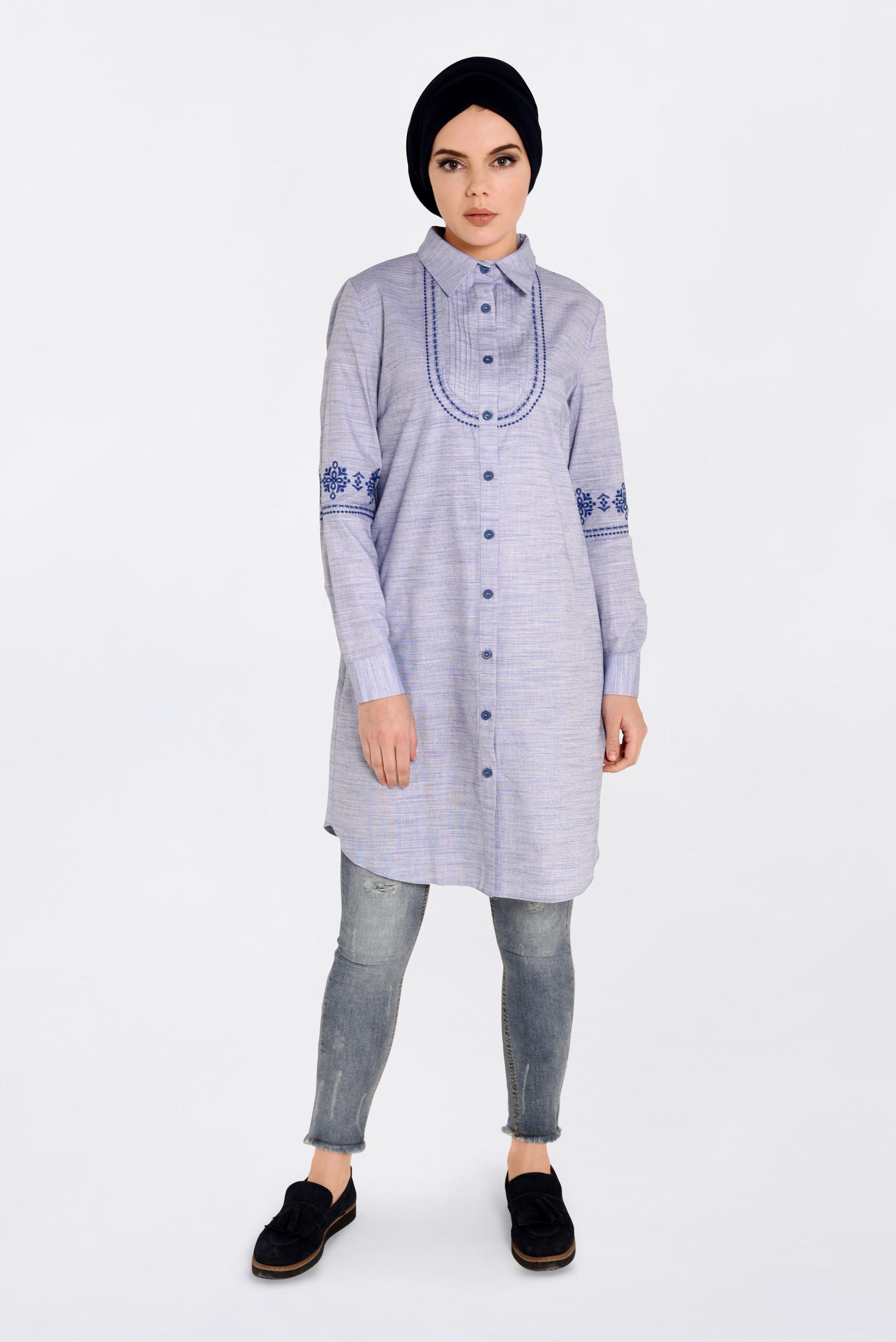 Tesettür giyim LACİVERT ÖNDEN DÜĞMELİ NAKIŞLI TUNİK 4216