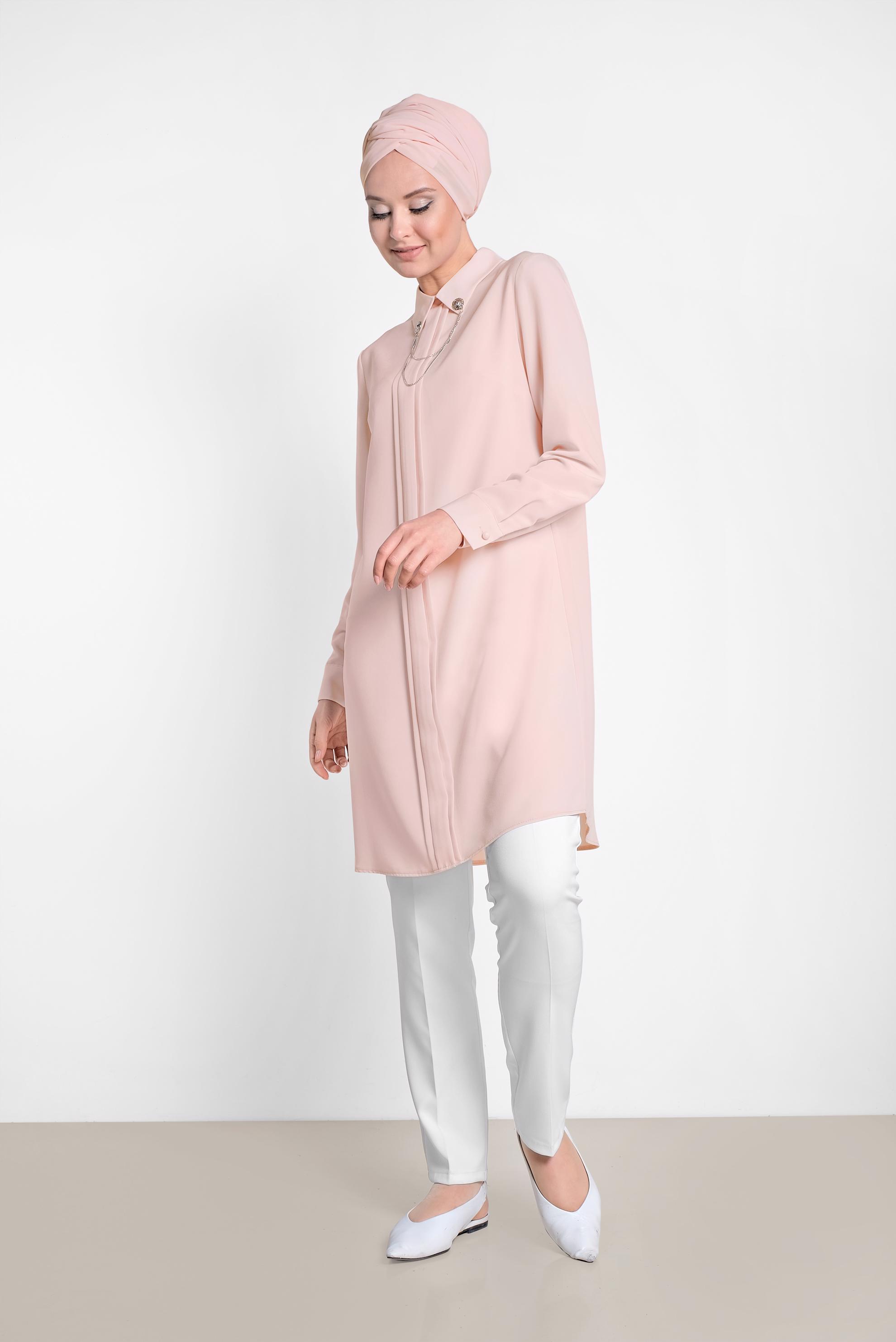 Tesettür giyim PUDRA YAKASI BROŞLU KLASİK TUNİK 4221