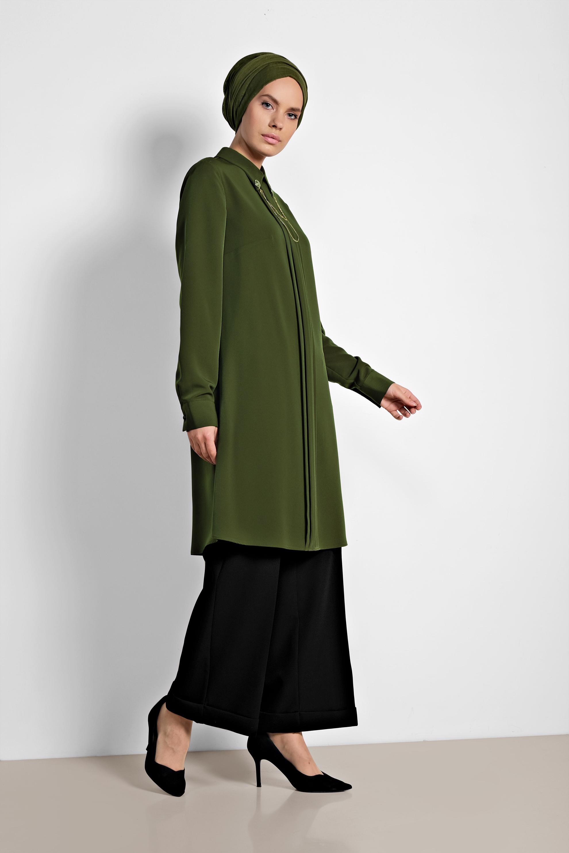 Tesettür giyim HAKİ YAKASI BROŞLU KLASİK TUNİK 4221