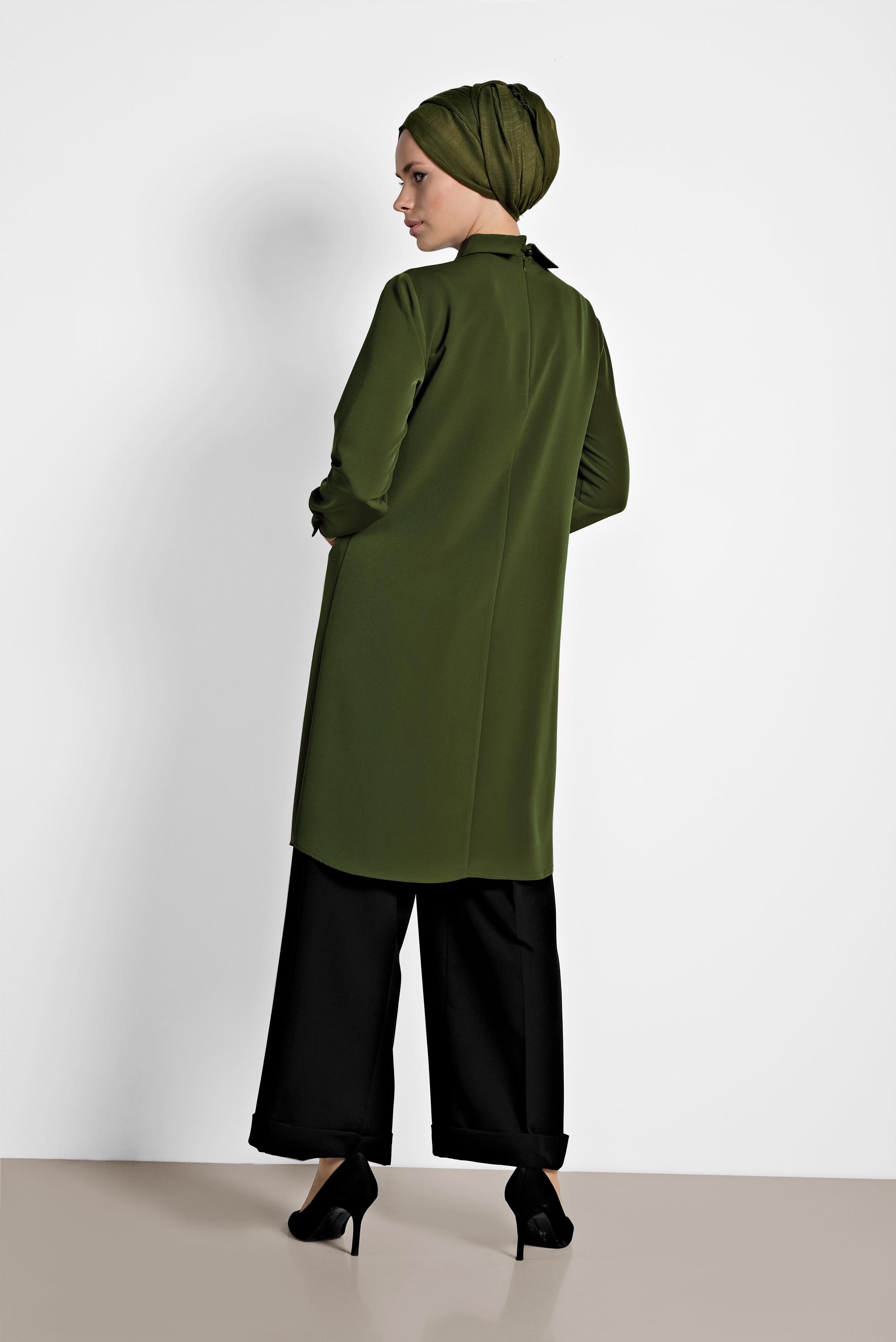 Tesettür giyim HAKİ YAKASI BROŞLU KLASİK TUNİK 4221