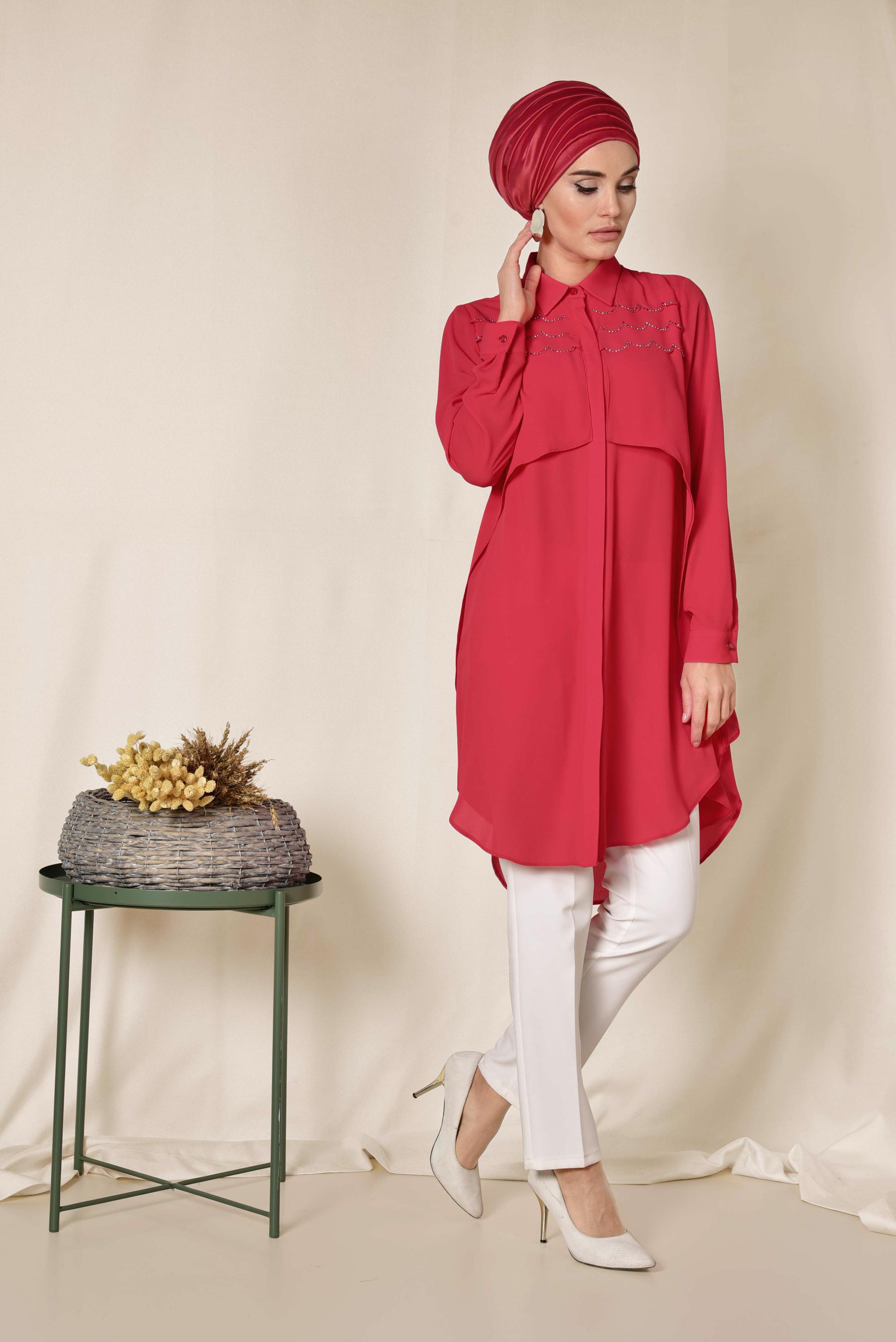 Tesettür giyim KIRMIZI GENİŞ KESİM GİZLİ DÜĞMELİ TUNİK 4230