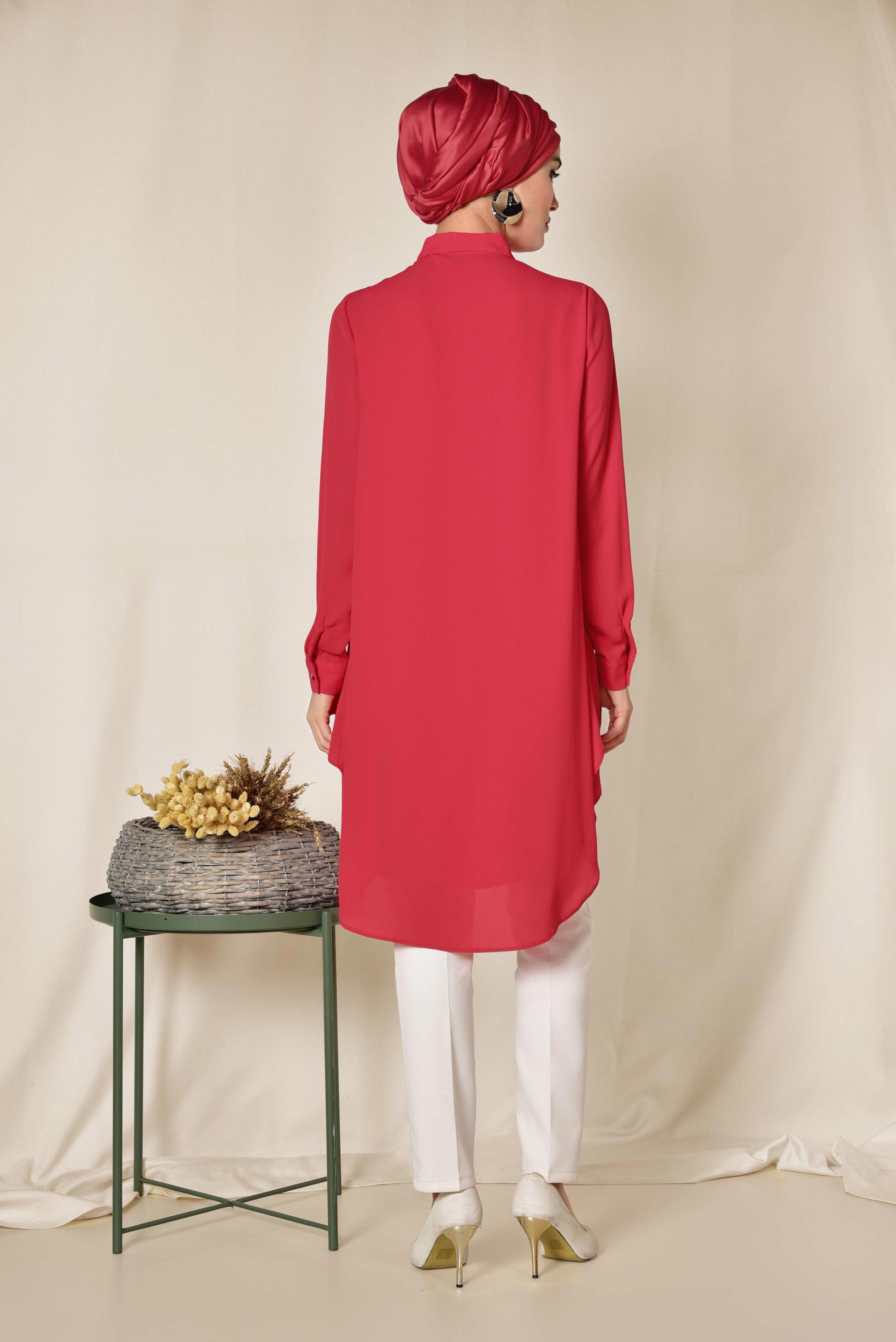 Tesettür giyim KIRMIZI GENİŞ KESİM GİZLİ DÜĞMELİ TUNİK 4230