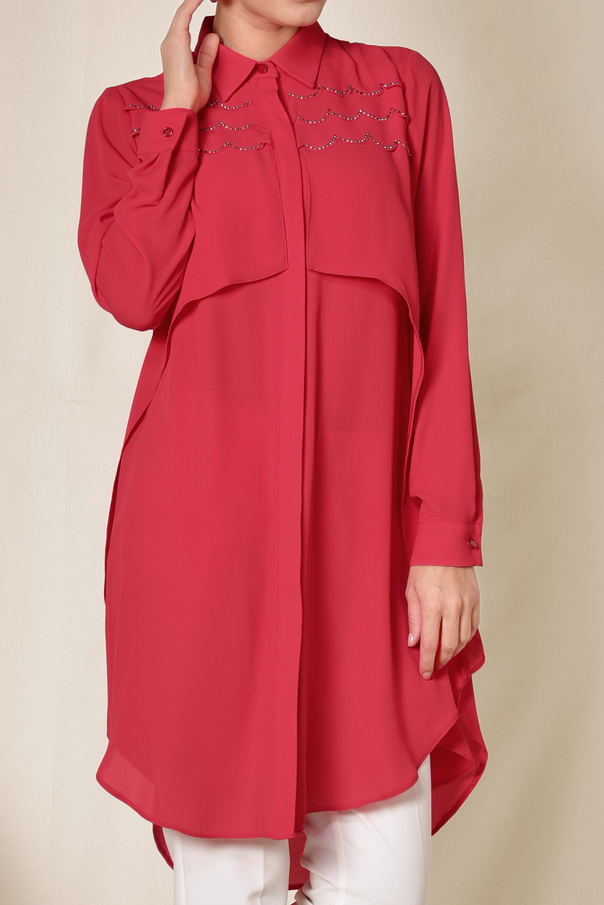 Tesettür giyim KIRMIZI GENİŞ KESİM GİZLİ DÜĞMELİ TUNİK 4230