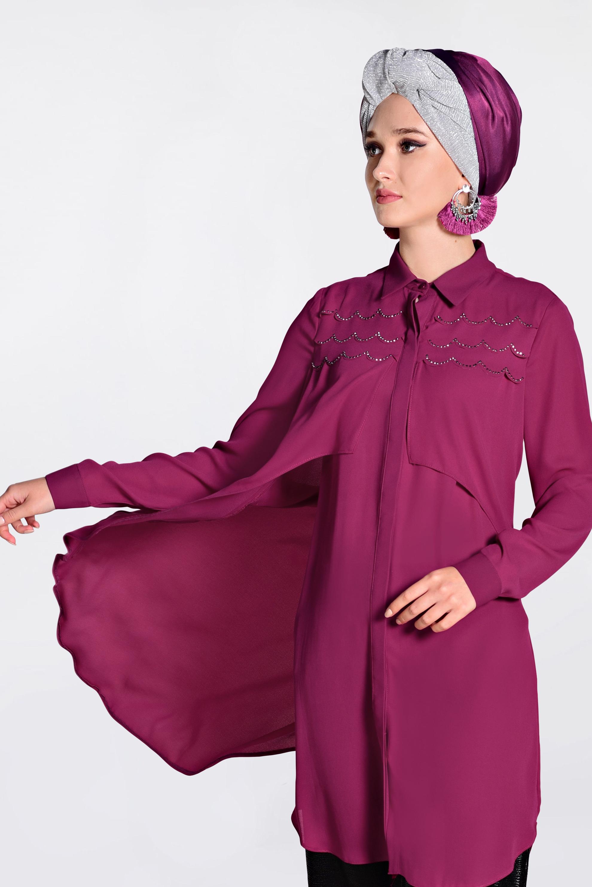Tesettür giyim MOR GENİŞ KESİM GİZLİ DÜĞMELİ TUNİK 4230
