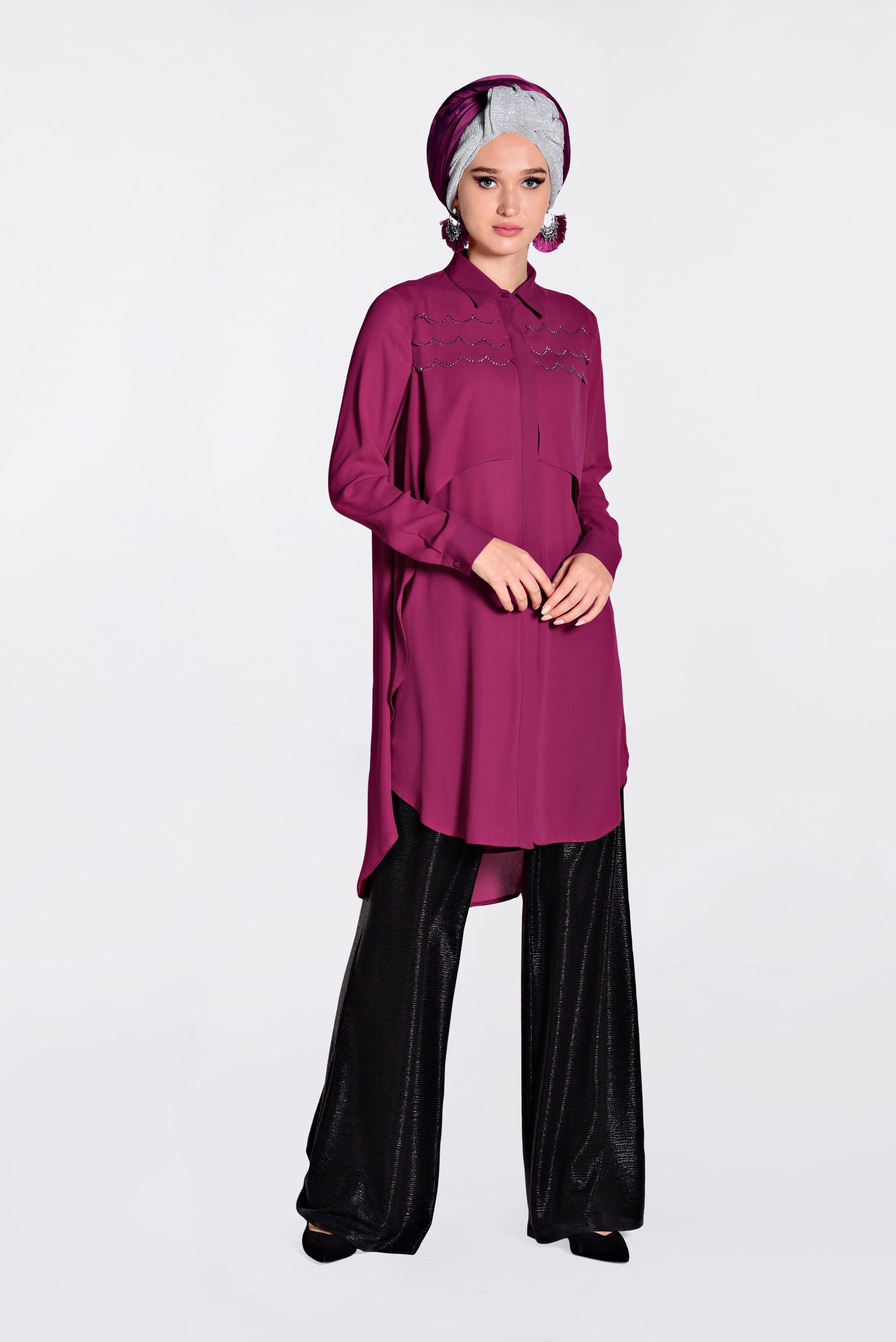 Tesettür giyim MOR GENİŞ KESİM GİZLİ DÜĞMELİ TUNİK 4230