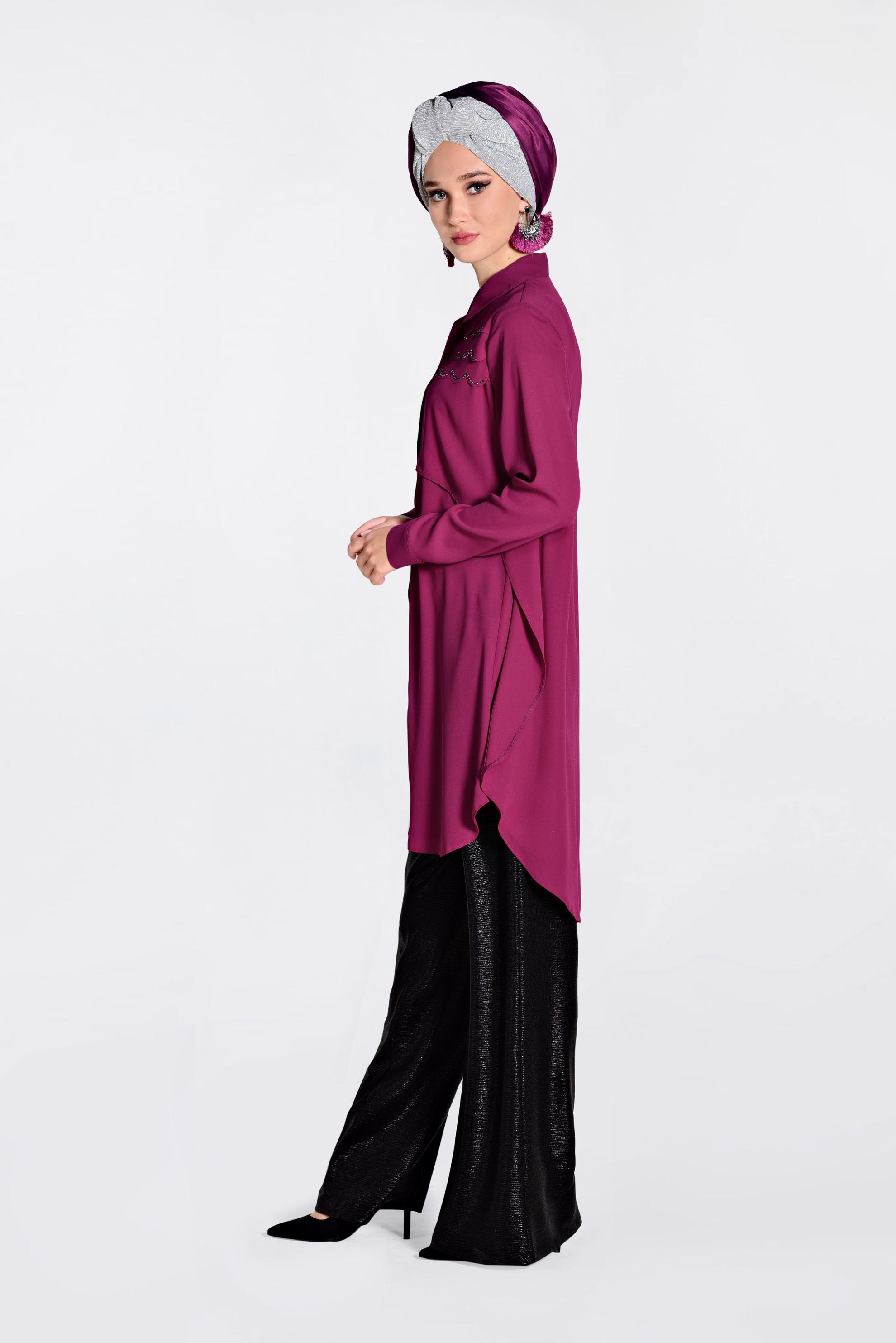 Tesettür giyim MOR GENİŞ KESİM GİZLİ DÜĞMELİ TUNİK 4230