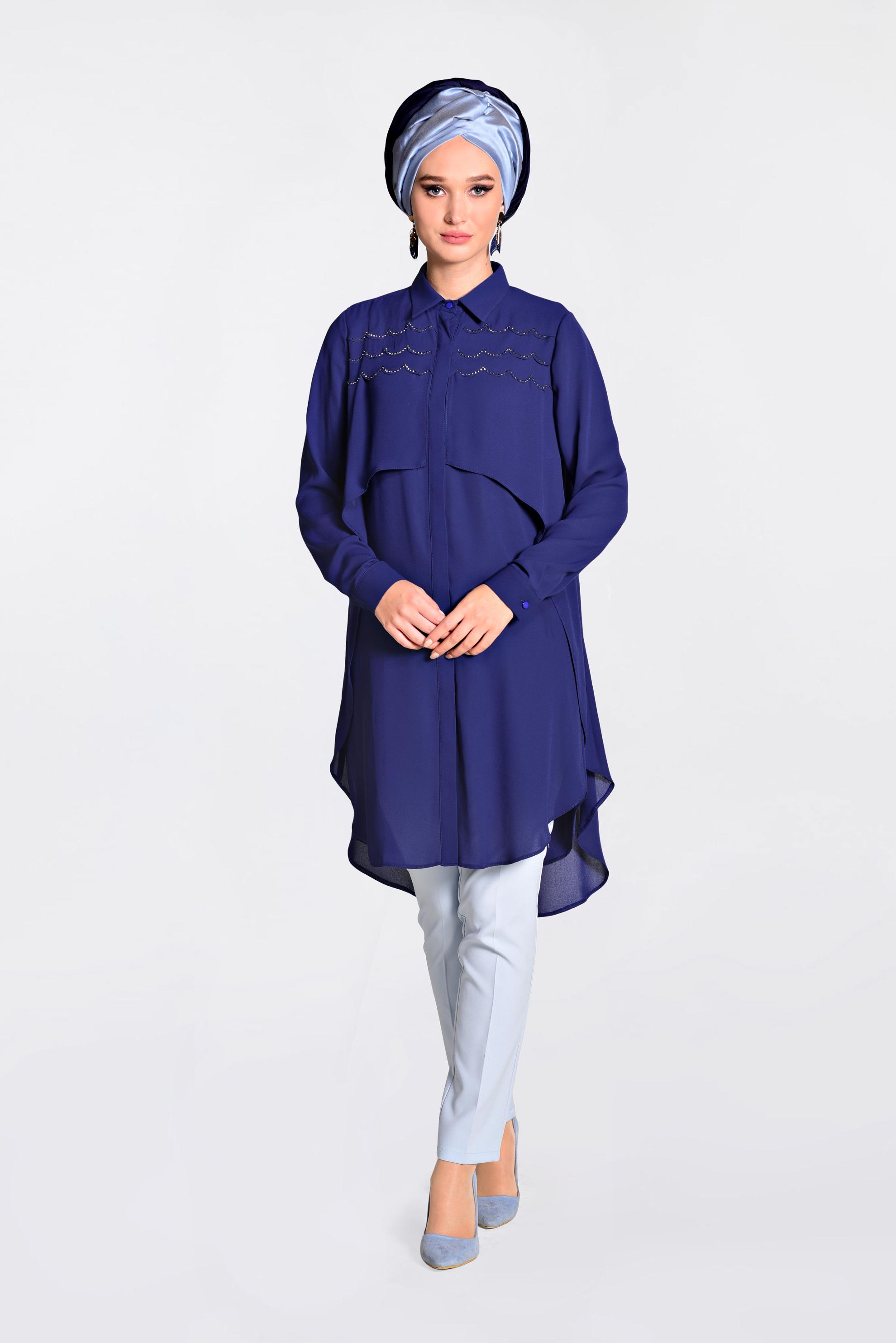 Tesettür giyim MAVİ GENİŞ KESİM GİZLİ DÜĞMELİ TUNİK 4230