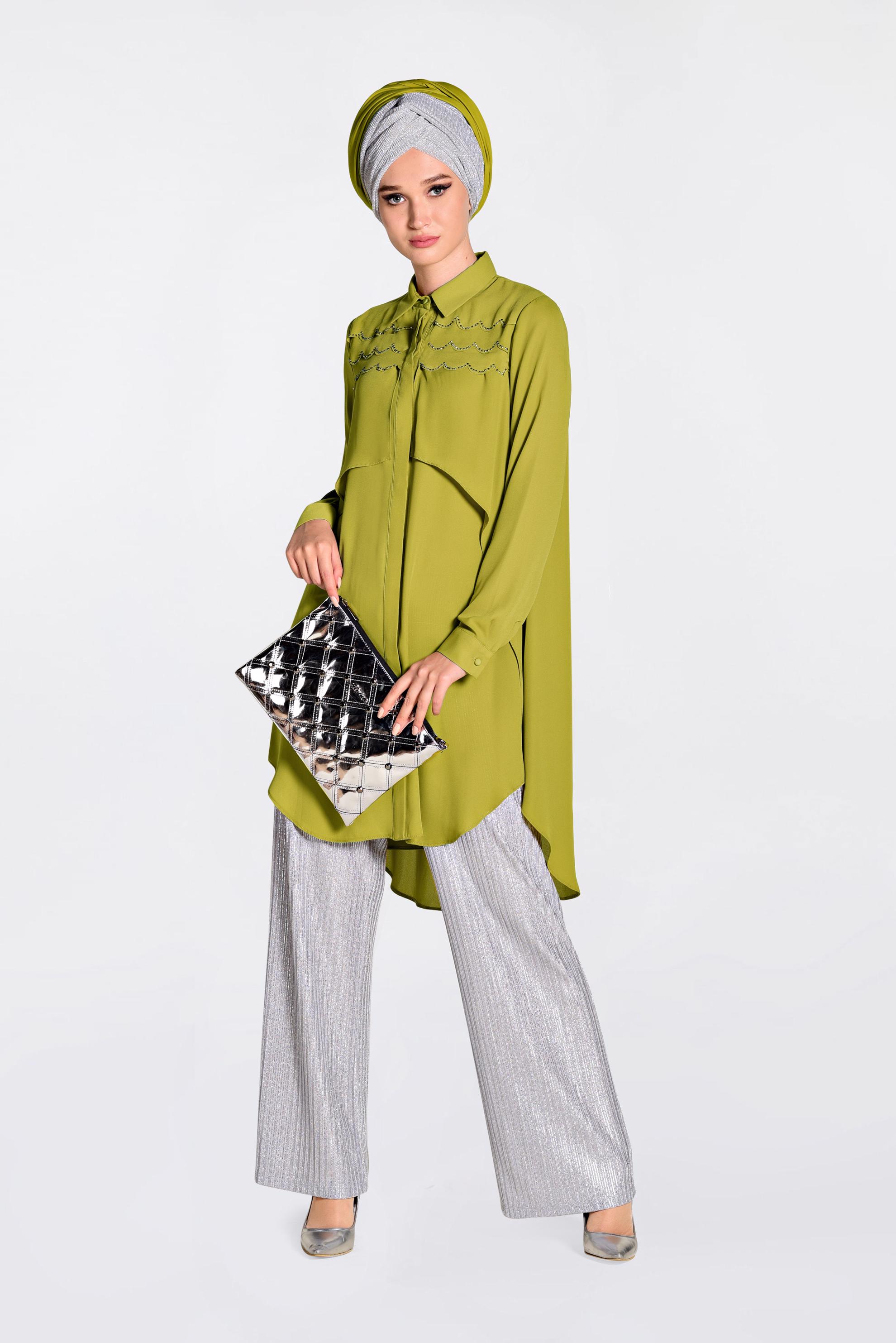 Tesettür giyim YEŞİL GENİŞ KESİM GİZLİ DÜĞMELİ TUNİK 4230