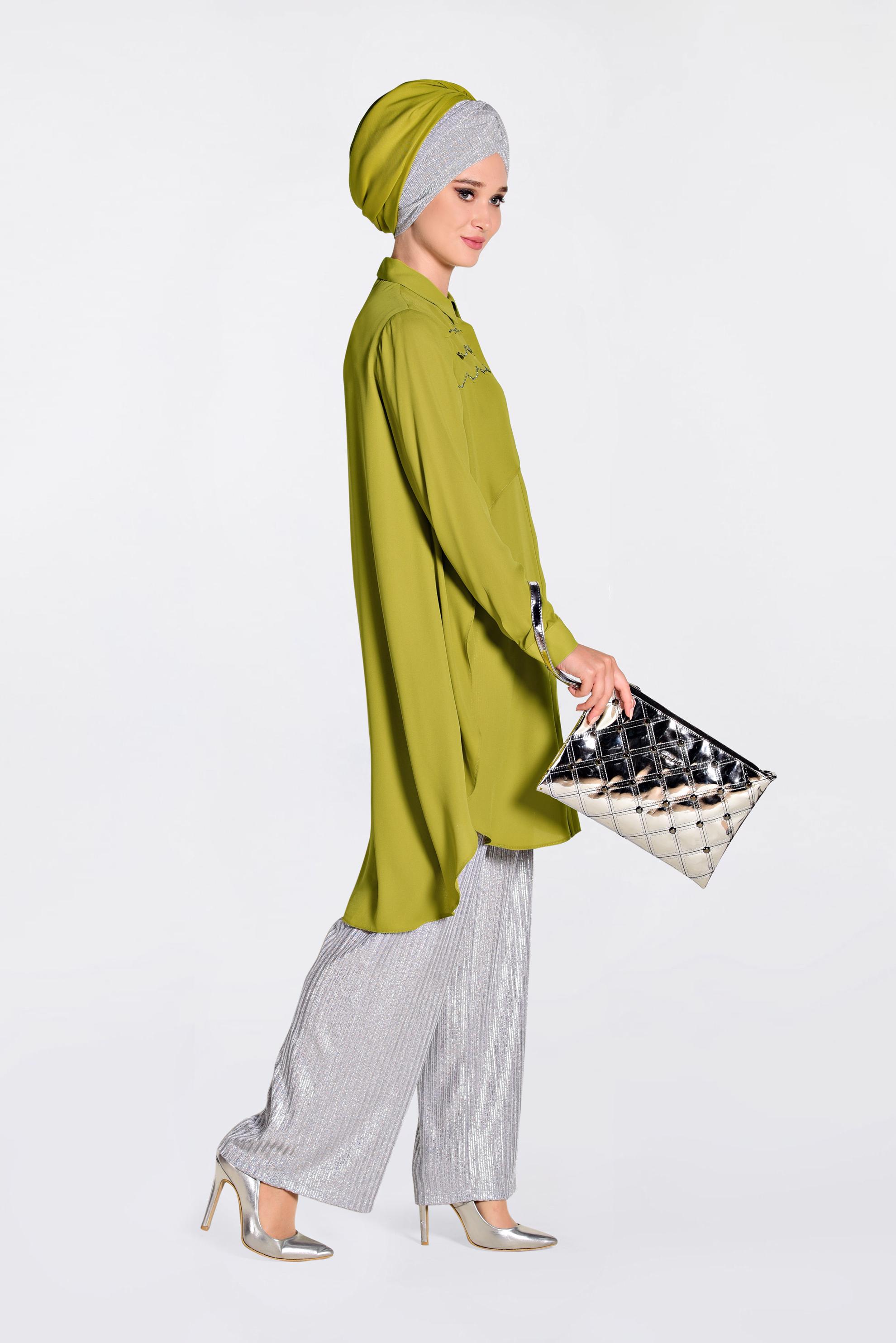 Tesettür giyim YEŞİL GENİŞ KESİM GİZLİ DÜĞMELİ TUNİK 4230