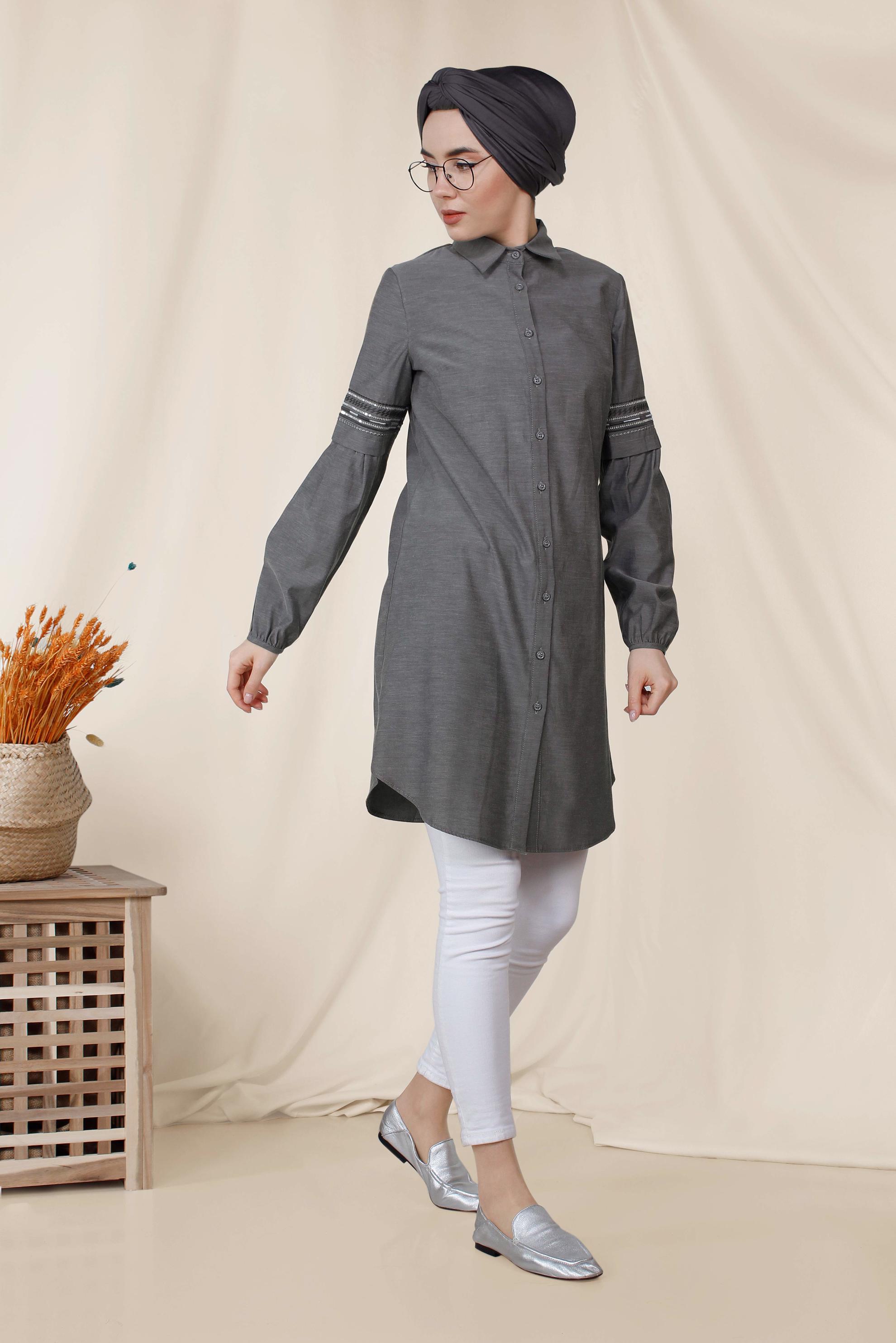 Tesettür giyim SİYAH KOLLARI NAKIŞLI PAMUKLU TUNİK 4232