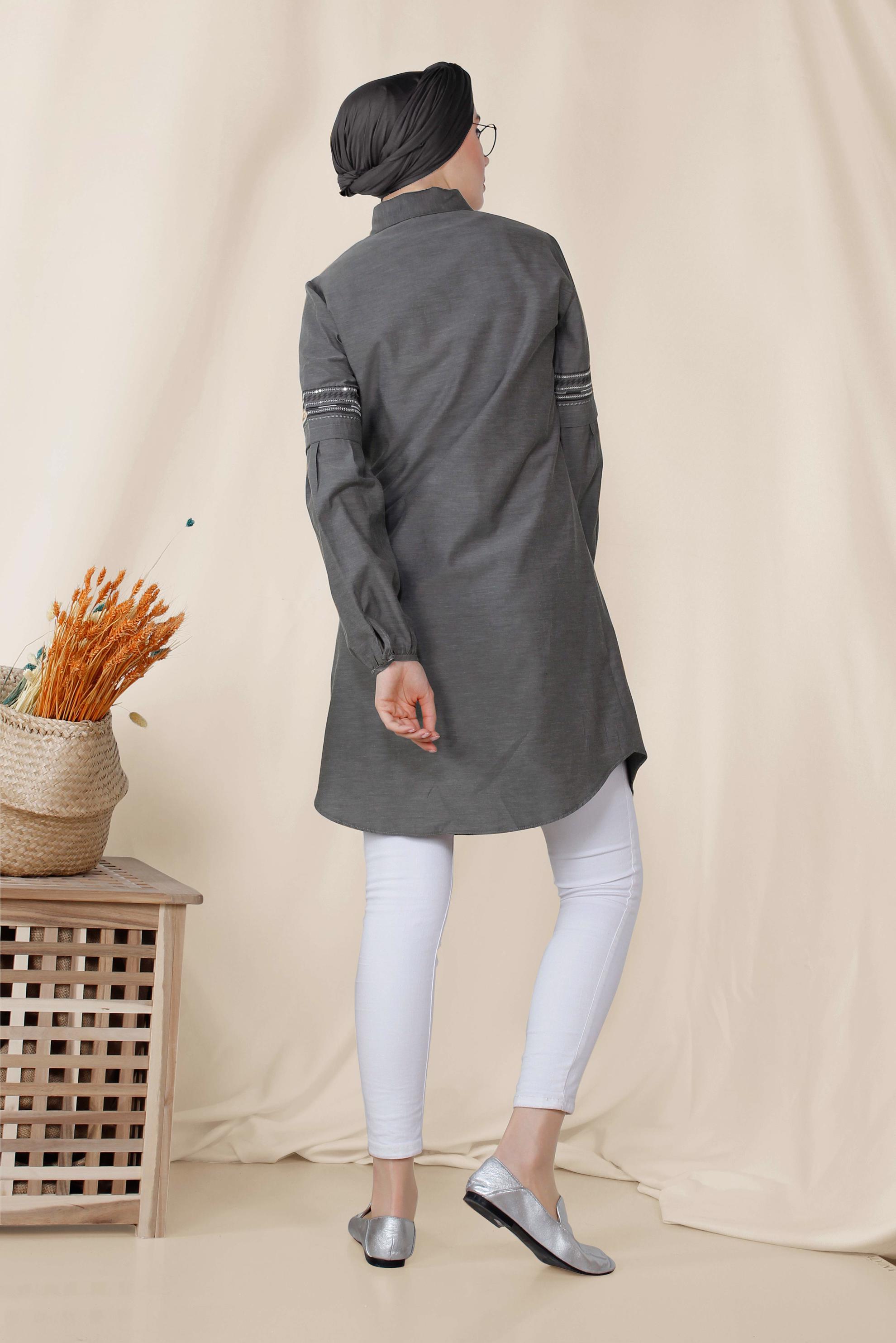 Tesettür giyim SİYAH KOLLARI NAKIŞLI PAMUKLU TUNİK 4232