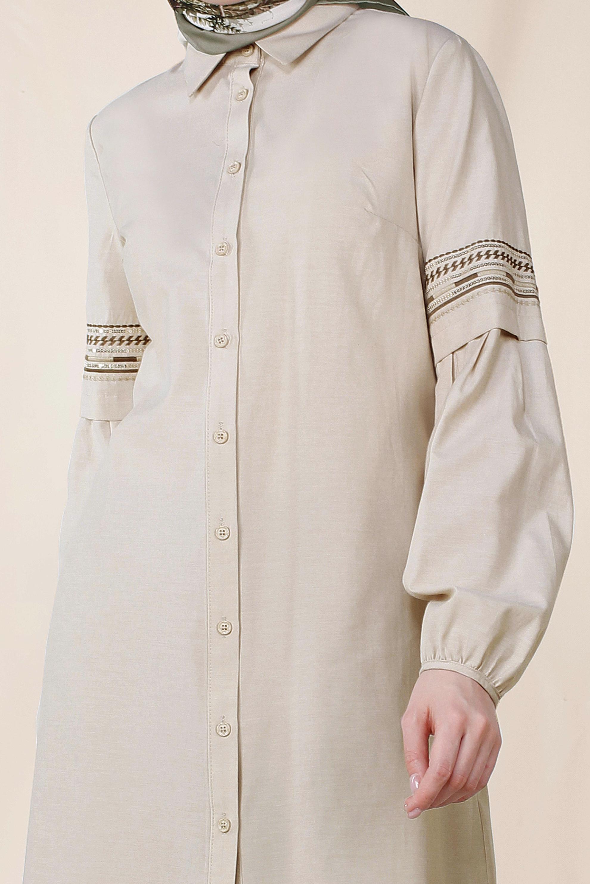 Tesettür giyim BEJ KOLLARI NAKIŞLI PAMUKLU TUNİK 4232