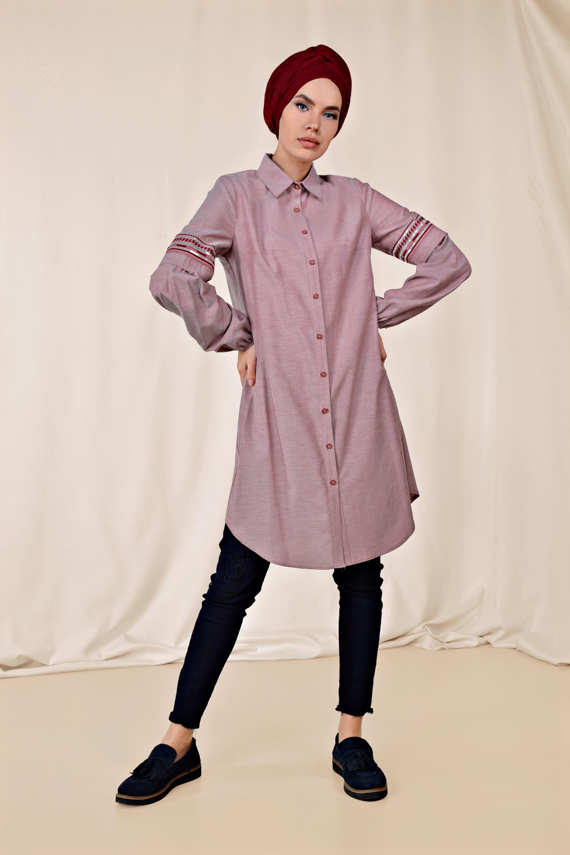 Tesettür giyim BORDO KOLLARI NAKIŞLI PAMUKLU TUNİK 4232