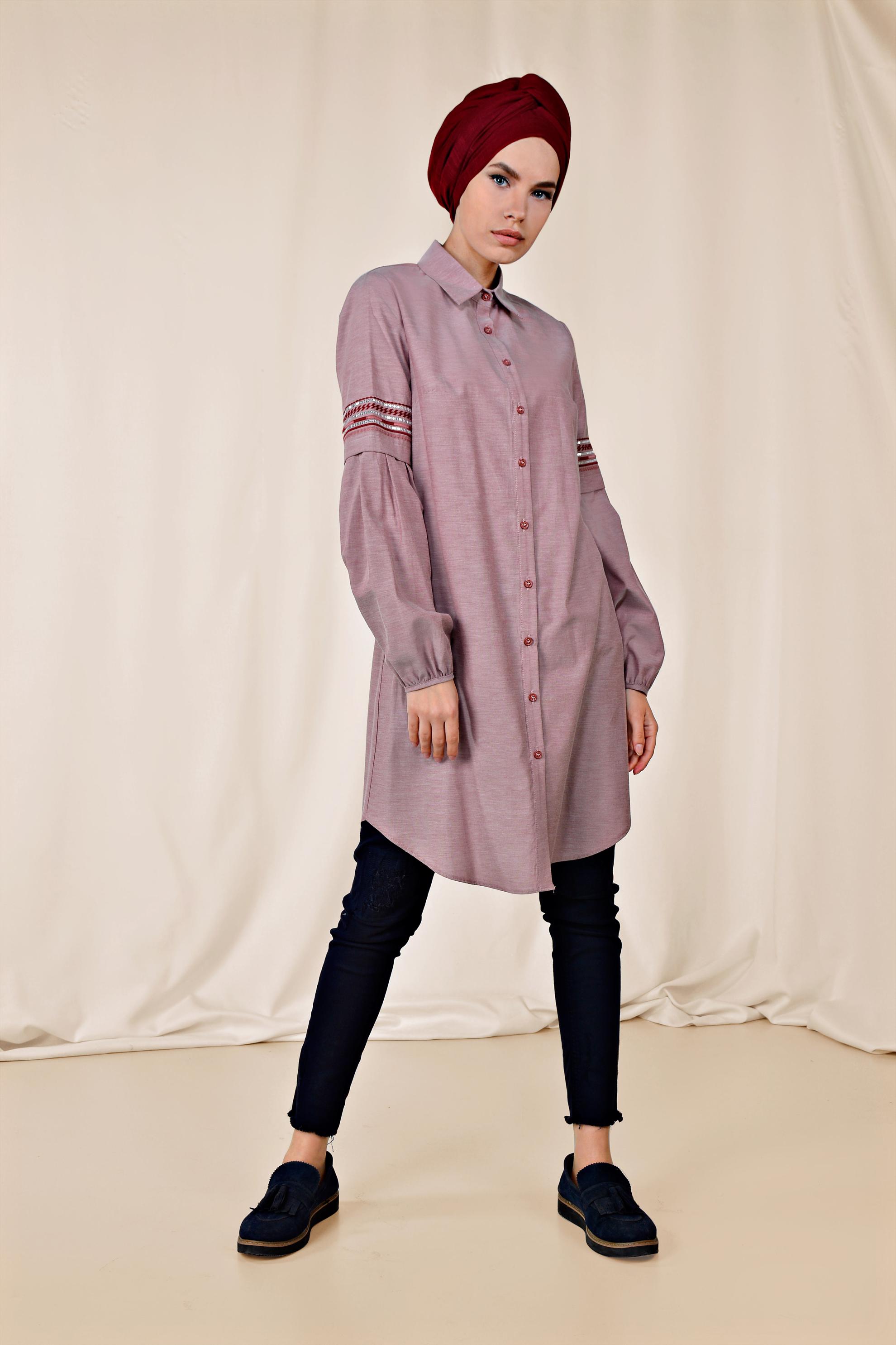 Tesettür giyim BORDO KOLLARI NAKIŞLI PAMUKLU TUNİK 4232