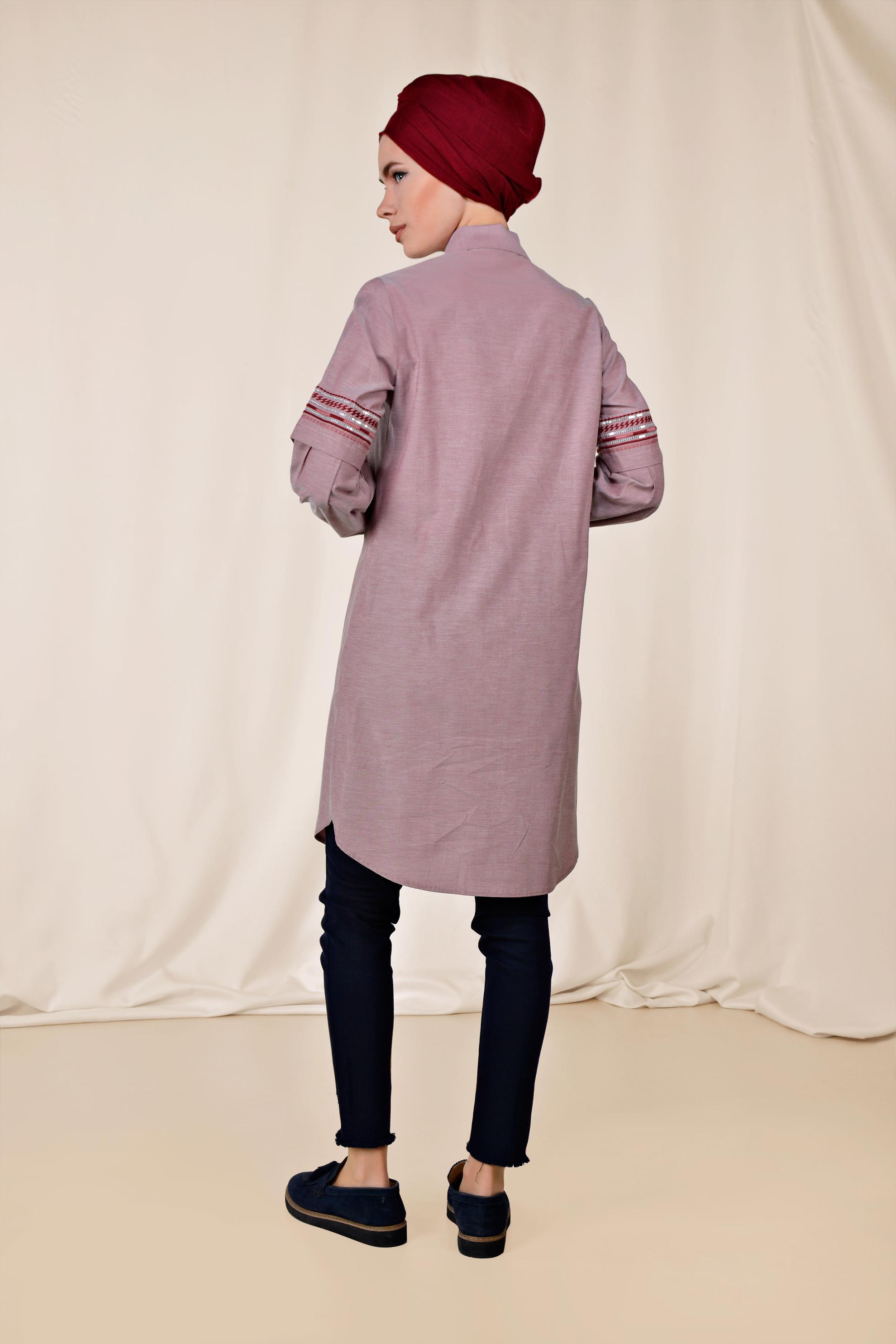 Tesettür giyim BORDO KOLLARI NAKIŞLI PAMUKLU TUNİK 4232