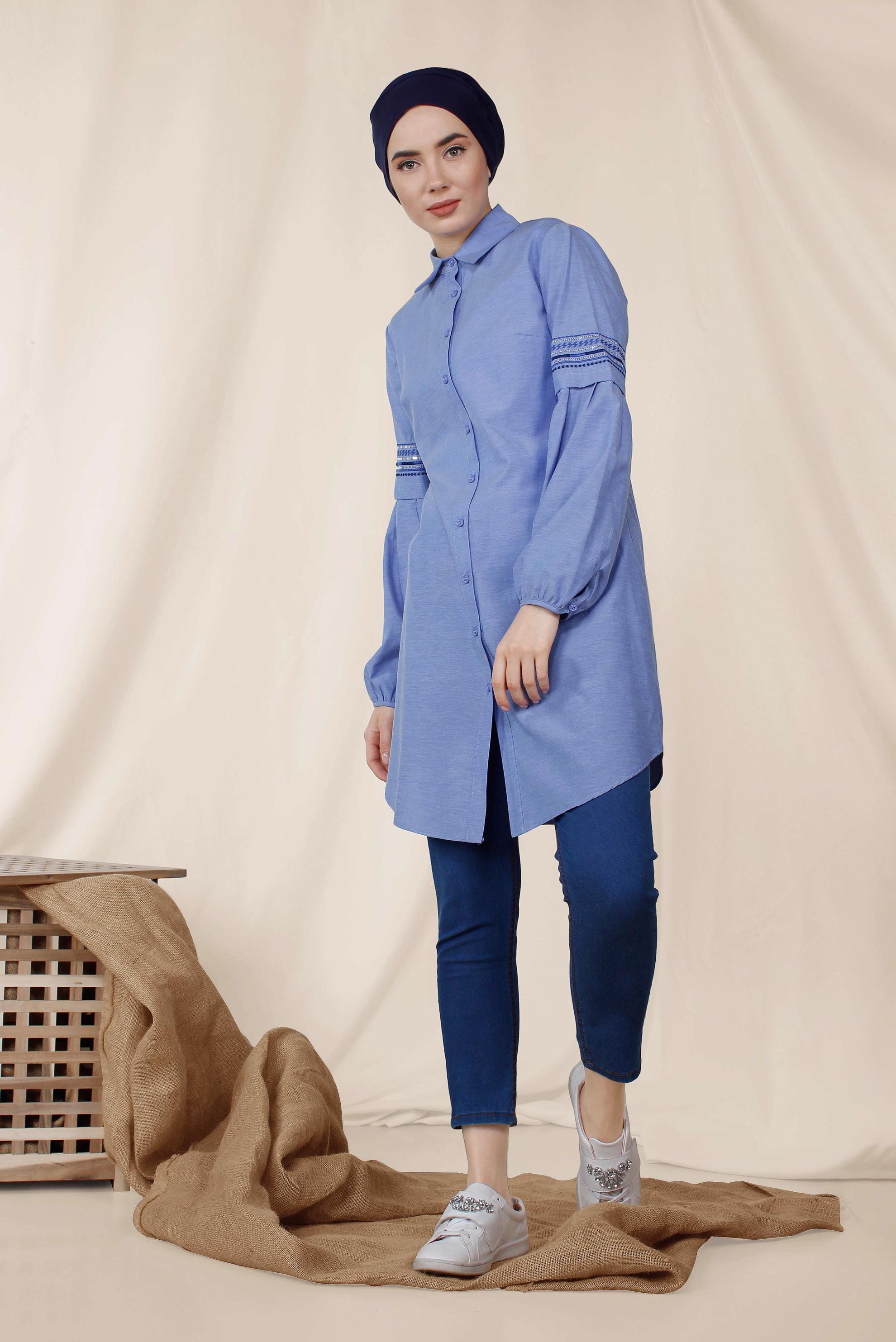 Tesettür giyim LACİVERT KOLLARI NAKIŞLI PAMUKLU TUNİK 4232