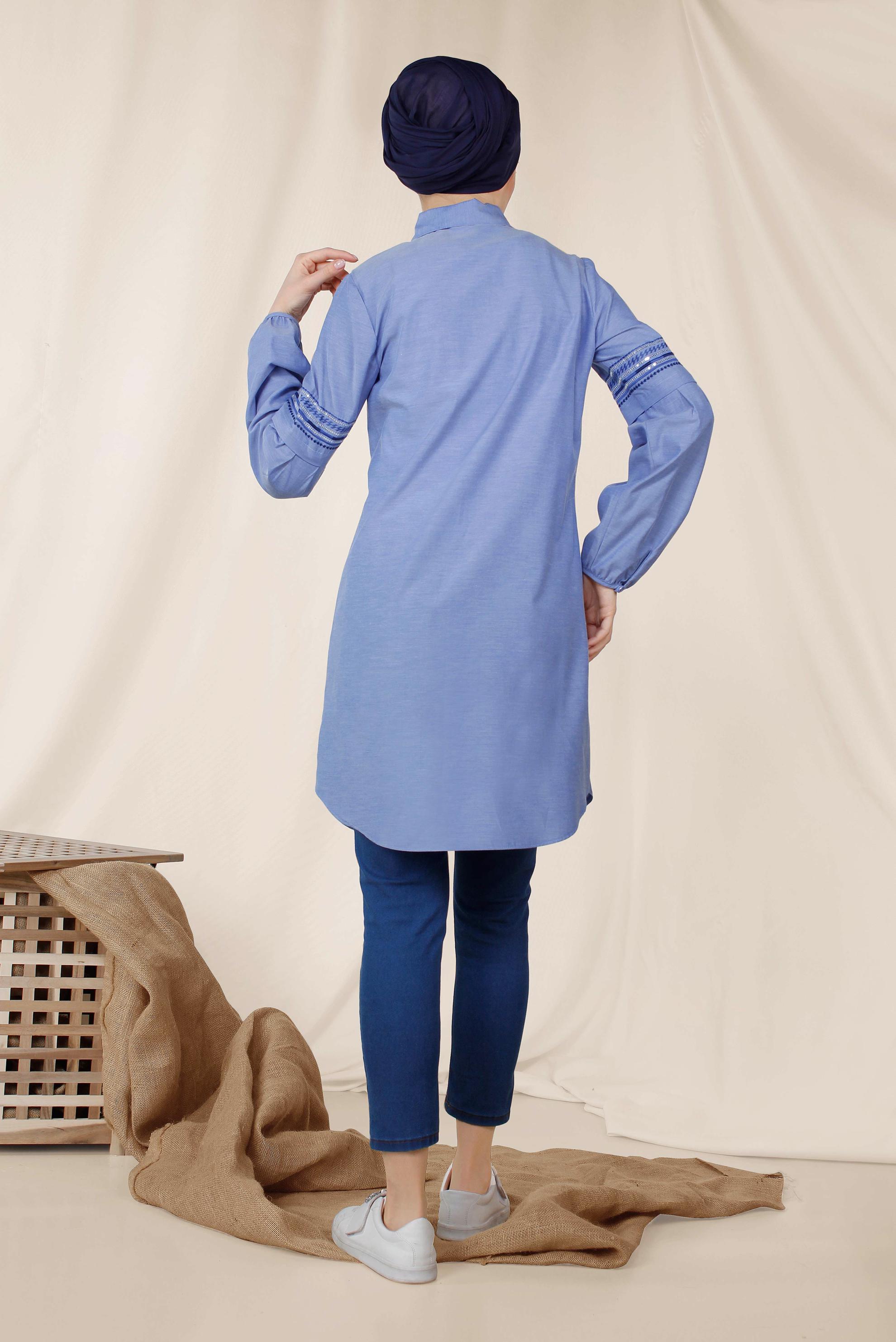 Tesettür giyim LACİVERT KOLLARI NAKIŞLI PAMUKLU TUNİK 4232