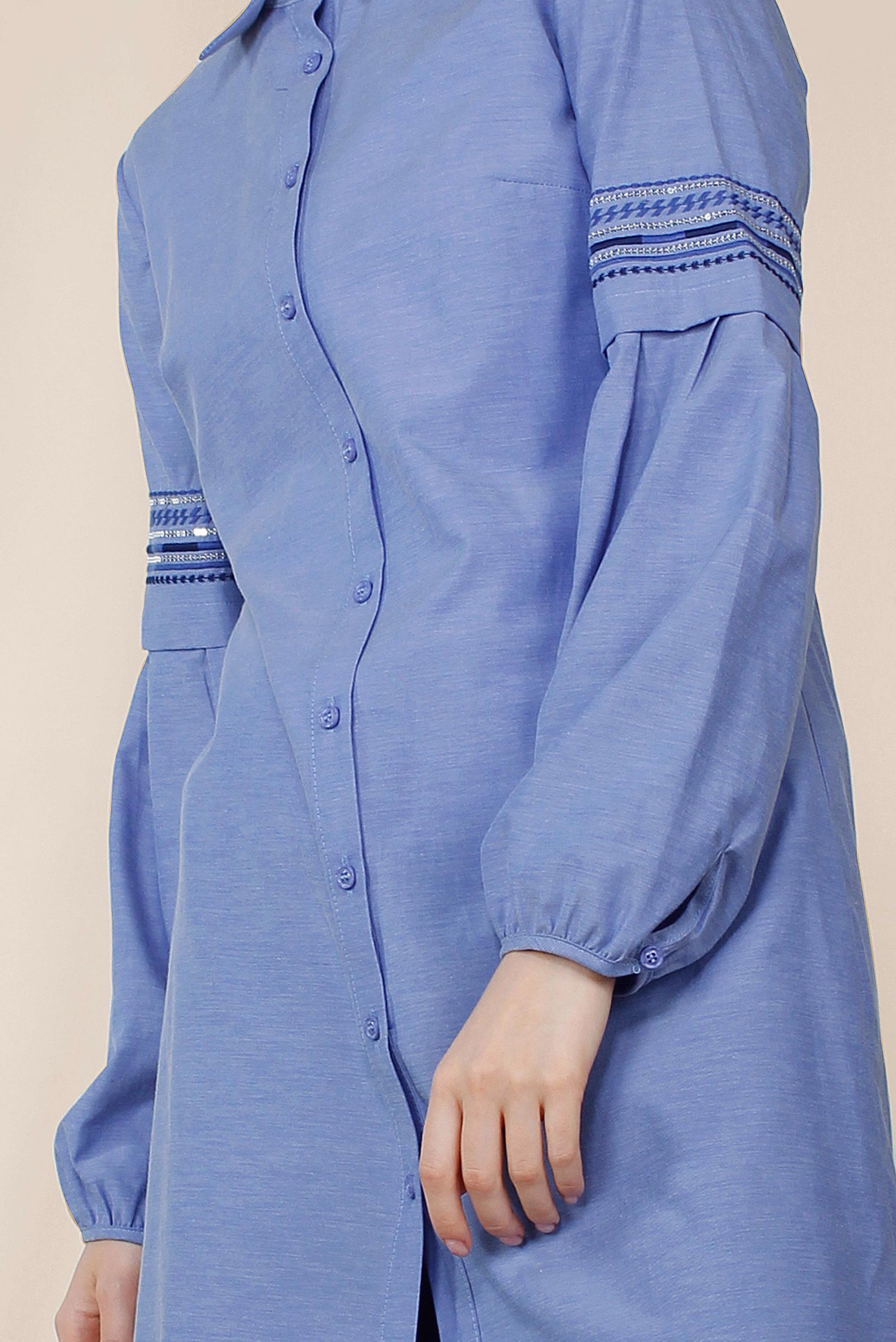 Tesettür giyim LACİVERT KOLLARI NAKIŞLI PAMUKLU TUNİK 4232