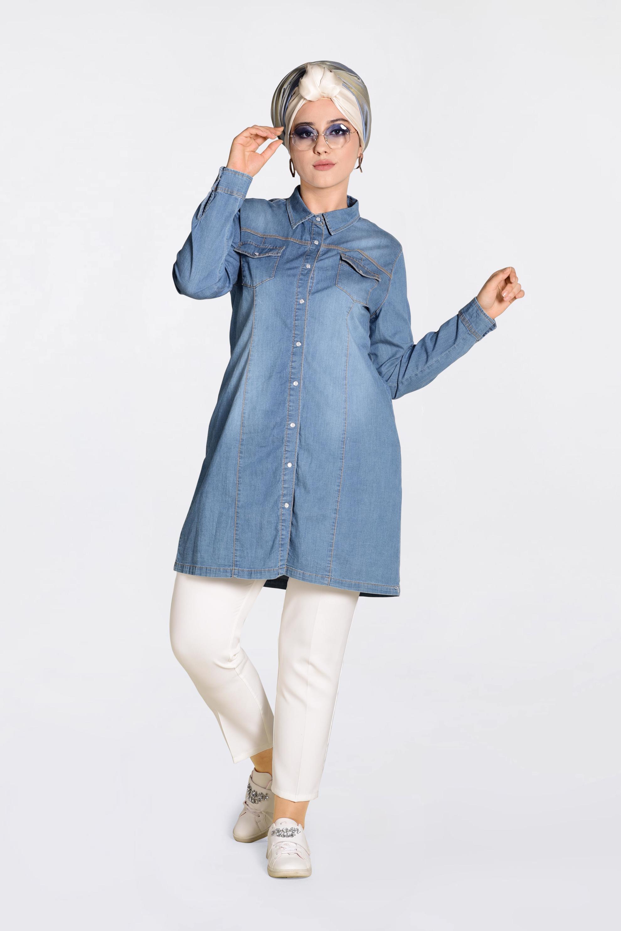 Tesettür giyim MAVİ ÇITÇITLI DENİM TUNİK 4236