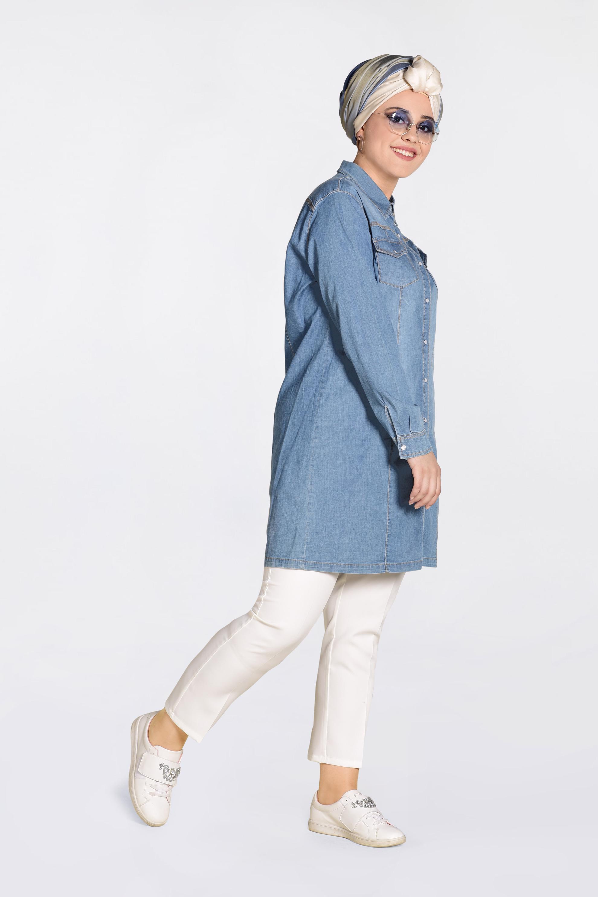 Tesettür giyim MAVİ ÇITÇITLI DENİM TUNİK 4236
